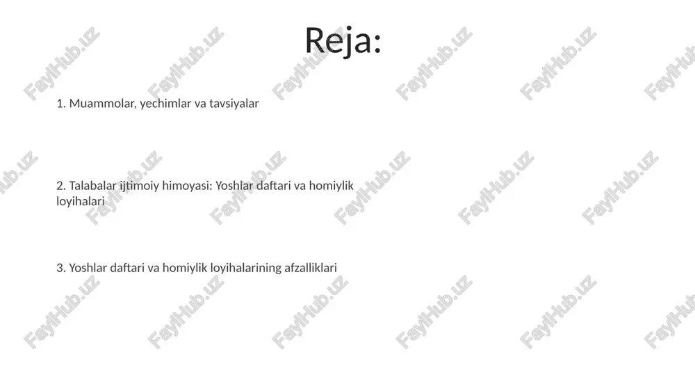 ortiq yoshlarga bepul oʻquv kurslarida qatnashish imkoniyatini beradi, bu ularning kelajakdagi ish bilan taʼminlanish imkoniyatlarini oshiradi. ushbu loyihalar, jumladan, 50 nafar talabaga moddiy yordam koʻrsatishni oʻz ichiga oladi, ularning oʻqish xarajatlarini qoplash va ijtimoiy himoyasini taʼminlash maqsadida. muammoning dolzarbligi va maqsad yoshlar daftariga kiritilgan 1.8 million talabaning ijtimoiy himoyasi muammosi, bandlikni ta'minlashning muhim maqsadidir, qashshoqlikni kamaytirishga qaratilgan davlat siyosatining ustuvor yo'nalishidir. talabalar ijtimoiy himoyasining maqsadi, 2024-yilga kelib 75% talabani qo'llab-quvvatlash, ularning moddiy ahvolini yaxshilash, o'qishga bo'lgan motivatsiyasini oshirish, hamda jamiyatda o'z o'rnini topishga yordam berishdir. kutilayotgan natijalar va ta'sir “yoshlar daftari” loyihasi doirasida 300 mingdan ziyod yoshlar bandligi ta'minlandi, ularning kasbiy ko'nikmalarini oshirishga qaratilgan kurslarda qatnashishi ortdi. talabalar turar joylarida yashovchi 50 mingdan ortiq talabaning maishiy sharoitlari yaxshilandi, bu esa ularning o‘qishga bo'lgan motivatsiyasini sezilarli darajada oshirdi. e'tiboringiz uchun rahmat @taqdimot_robot image5.jpg image6.jpg image7.jpg image8.jpg image9.jpg image10.jpg image11.jpg image1.jpeg image2.jpeg