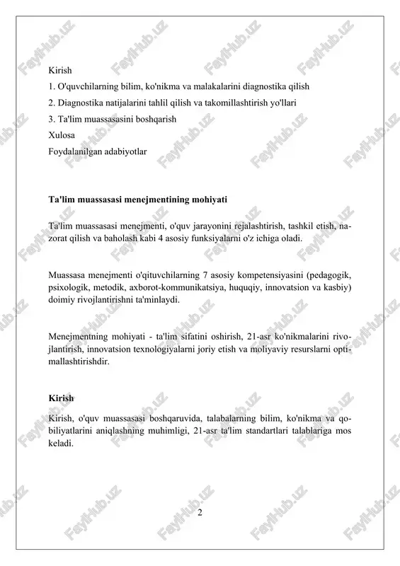hisobga olinib, darslar 20-30%ga individual tarzda rejalashtiriladi. ko'nikmalarni baholash mezonlari “ko'nikmalarni baholash mezonlari” o'quv dasturining maqsadlariga erishish darajasini aniqlaydi, bunda 100 ballik tizim orqali talabalarning amaliy qobiliyatlari baholanadi. ko'nikmalarni baholashda rubrikalar qo'llaniladi, bunda har bir ko'nikma uchun 4 ta daraja (boshlang'ich, o'rta, yuqori, mukammal) belgilanadi va ularga mos ballar beriladi. baholash mezonlari talabaning 5 ta asosiy ko'nikmasini (masalan, muammolarni hal qilish, kommunikatsiya) baholaydi, ularning har biri 20% hissaga ega bo'lib, umumiy natijani shakllantiradi. diagnostika natijalarini tahlil qilish natijalarni tahlil qilishda xatoliklar (masalan, 1-toifa va 2-toifa) e'tiborga olinishi kerak; ɑ=0.05 xatolik darajasi bilan xulosalar chiqarish muhim. statistik tahlil, masalan, standart og'ish (σ) va o'rtacha qiymat (μ) hisoblash, o'quvchilarning bilim darajasidagi farqlarni aniqlashga yordam beradi va ta'limiy yondashuvni aniqlashtiradi. diagnostika natijalarini tahlil qilishda 75%dan yuqori ko'rsatkichlar yuqori o'zlashtirishni, 50-74% esa o'rtacha o'zlashtirishni ko'rsatadi. bu ta'lim strategiyasini optimallashtirish uchun muhim. talabalarning bilim, ko'nikma va malakalarini diagnostika qilishning ahamiyati diagnostika natijalari o'qituvchilarga ta'lim dasturlarini …