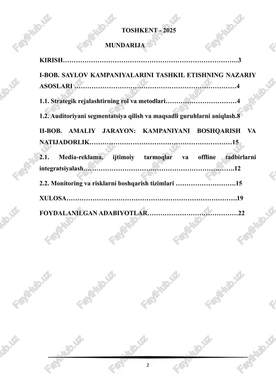 shning nazariy asoslari, amaliy jarayonlarni boshqarish usullari va xalqaro tajribalar kontekstidagi takliflar yoritiladi. xususan, oʻzbekiston sharoitida qoʻllash mumkin boʻlgan innovatsion yechimlar, mahalliy qiyinchiliklar va ularni bartaraf etish yoʻllari diqqat markazida turadi. kirish qismida keltirilgan gʻoyalar keyingi boʻlimlarda chuqurroq tahlil qilinadi, nazariya bilan amaliyotning uygʻunligi taʼkidlanadi. i-bob saylov kampaniyalarini tashkil etishning nazariy asoslari 1.1. strategik rejalashtirning rol va metodlari saylov kampaniyasining muvaffaqiyatli bo‘lishi ko‘p jihatdan strategik rejalashtirishga bog‘liq. saylov jarayoni murakkab va ko‘plab o‘zgaruvchan omillarga bog‘liq bo‘lgan bir davrda, to‘g‘ri rejalashtirish saylovchilarni to‘g‘ri yo‘naltirish va nomzodning muvaffaqiyatini ta’minlashda asosiy vosita hisoblanadi. bu bo‘limda strategik rejalashtirishning roli va metodlari batafsil ko‘rib chiqiladi. saylov kampaniyasida strategik rejalashtirishni muvaffaqiyatga olib boradigan asosiy element sifatida ko‘rish mumkin. rejalashtirish orqali nomzodning maqsadlari aniq belgilanadi, harakatlar rejasining amalga oshirilishi ko‘rib chiqiladi va kampaniyaning har bir bosqichida qanday resurslar, vaqt va kuch sarflanishi aniqlanadi. strategik rejalashtirishning roli quyidagi jihatlarda namoyon bo‘ladi:[footnoteref:1] [1: aleksey sitnikov – polittehnologiya: sovremennaya izbiratelnaya …