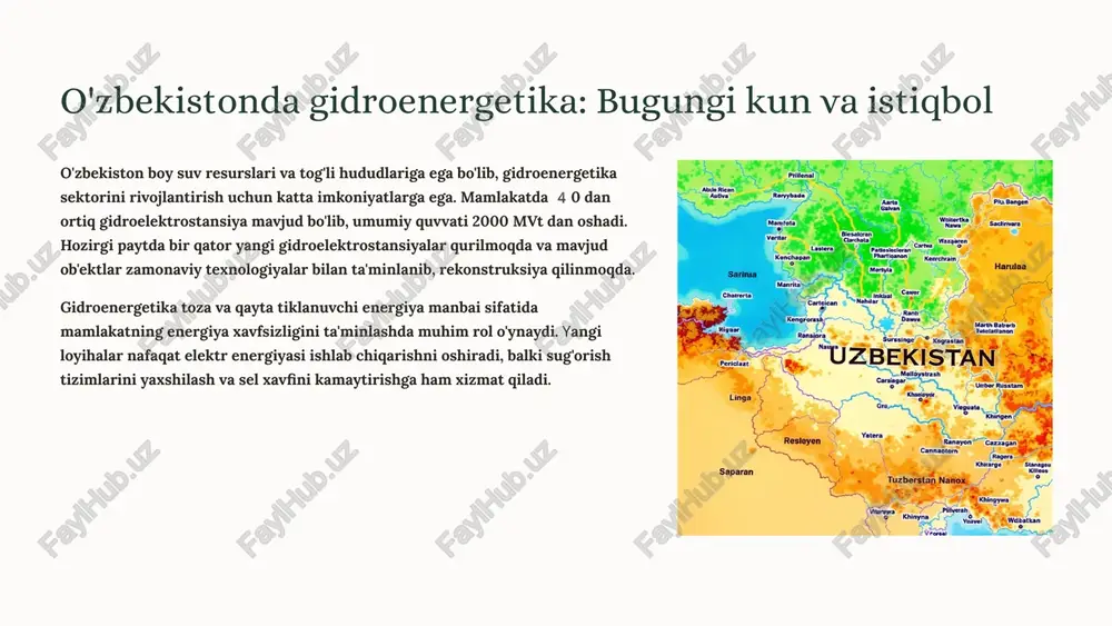 oshirildi erishilgan natijalar elektr energiyasi ishlab chiqarish 40% ga oshdi suv isrofini 25% ga kamaytirish avtomatlashtirilgan boshqaruv tizimi joriy etildi to'g'on xavfsizligi zamonaviy standartlarga muvofiq keltirildi 30 yilga mo'ljallangan xizmat muddati ta'minlandi pskom ges modernizatsiyasi: markaziy osiyo miqyosidagi loyiha pskom gidroelektrostansiyasi o'zbekiston va qirg'iziston chegarasida joylashgan eng yirik energetika ob'ektlaridan biri bo'lib, umumiy quvvati 1500 mvt ni tashkil etadi. 2019 yildan boshlab keng qamrovli modernizatsiya dasturi amalga oshirilmoqda. 1 2019-2020 texnik diagnostika va loyihalash ishlari. eskirgan jihozlarni aniqlash va zamonaviy yechimlarni tanlash. 2 2021-2022 turbinalar va generatorlarni almashtirish. xorijiy kompaniyalar bilan hamkorlikda yangi jihozlar o'rnatildi. 3 2023-2024 boshqaruv tizimlari va monitoring jihozlarini zamonavillashtirish. scada tizimi joriy etildi. 4 2025 loyihaning yakunlanishi va to'liq quvvatda ishga tushirish rejalashtirilgan. modernizatsiya natijasida stansiya samaradorligi 18% ga oshishi, yillik elektr energiyasi ishlab chiqarish esa qo'shimcha 200 million kvt·soatga ortishi kutilmoqda. zarafshon ges: strategik ahamiyatga ega loyiha zarafshon daryosida qurilayotgan yangi gidroelektrostansiya 2023 yilda boshlanib, …