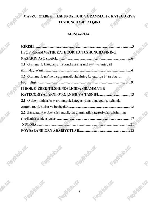 rlik yoki ko‘plik holatini, kelishik kategoriyasi so‘zning gapdagi boshqa birliklarga munosabatini, zamon kategoriyasi esa harakatning vaqt bilan bog‘liqligini bildiradi. o‘zbek tilshunosligida grammatik kategoriya masalasi uzoq tarixga ega bo‘lib, bu borada a. g‘ulomov, sh. rahmatullayev, n. mahmudov, a. hojiyev, m. asqarova, g‘. abdurahmonov, hamda keyingi yillarda sh. sirojiddinov, r. rasulov, b. mamatov singari olimlarning tadqiqotlari muhim ahamiyat kasb etadi. ularning ilmiy qarashlarida grammatik kategoriya tilning morfologik shakllanishi, grammatik ma’no va grammatik shaklning o‘zaro uyg‘unligi nuqtai nazaridan izohlanadi[footnoteref:1]. [1: hojiyev a. tilshunoslik nazariyasi asoslari. — toshkent: fan, 1987.] til tizimida grammatik kategoriya tildagi barcha morfologik birliklarni bir butun tizimga birlashtiradi. har bir kategoriya o‘zining shakliy ko‘rsatkichi va ma’nosiga ega. shakl orqali grammatik ma’no ifodalanadi, grammatik ma’no esa shakl orqali nutqda namoyon bo‘ladi. shu sababli, grammatik kategoriya — bu shakl va ma’no birligining umumlashgan ifodasidir. bu birlik til tizimining barqaror ishlashini ta’minlaydi, chunki u grammatik tuzilmaning ichki qonuniyatlariga bo‘ysunadi. grammatik kategoriyalarni o‘rganish nafaqat …