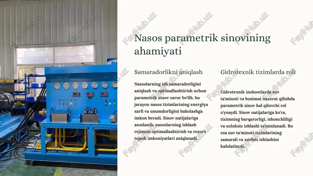 ir rejimda oqim hajmi, bosim, quvvat va boshqa parametrlar aniq o'lchanadi va qayd etiladi. natijalarni tahlil qilish olingan ma'lumotlar batafsil tahlil qilinadi, grafik va jadvallar tuziladi. nasos xarakteristikalari aniqlanadi va texnik talablarga muvofiqlik baholanadi. xulosa va tavsiyalar tayyorlanadi. gidrotexnik inshootlarda nasos sinovining o'ziga xosligi gidrotexnik inshootlarda nasoslarni sinash jarayoni o'z xususiyatlariga ega bo'lib, suv muhitining dinamik xususiyatlari va muhit sharoitlari alohida e'tiborni talab qiladi. suv oqimining o'zgaruvchanligi gidrotexnik tizimlarda suv oqimi doimiy ravishda o'zgarib turadi. mavsumiy omillar, iste'mol rejimi va boshqa omillar ta'sirida bosim ham o'zgaruvchan bo'ladi. sinov jarayonida bu barcha omillar modellashtirilib, turli sharoitlarda nasosning ishlashi tekshiriladi. nasos turlarining xilma-xilligi markaziy, pistonli, plastinkali, vintli va boshqa turdagi nasoslar turli vazifalarni bajaradi. har bir tur o'z ishlash printsipiga ega bo'lib, sinov metodikasi ham shunga mos ravishda tanlanadi. nasos turi va qo'llanilish sohasiga qarab maxsus sinov dasturlari ishlab chiqiladi. muhit sharoitlari ta'siri suvning fizik xususiyatlari - zichligi, qovushqoqligi, harorati va tarkibidagi …