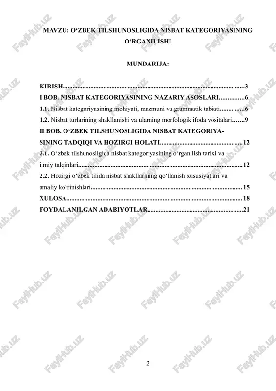 , “qutadg‘u bilig”, “devonu lug‘otit-turk”, “hibatul-haqoyiq” kabi asarlarda nisbat shakllari keng ishlatilgan bo‘lib, bu hodisaning tarixiy ildizi va mustahkam grammatik tizim sifatida shakllanganini ko‘rsatadi. shu sababli, nisbat kategoriyasining o‘rganilishi nafaqat hozirgi o‘zbek tili grammatikasini, balki butun turkiy tillarning grammatik taraqqiyotini o‘rganishda ham muhim ilmiy ahamiyatga ega[footnoteref:1]. [1: hojiyev a. o‘zbek tili izohli lug‘ati. – toshkent: o‘zbekiston milliy ensiklopediyasi, 2006.] nisbat kategoriyasi deganda fe’l orqali ifodalangan harakatning bajaruvchisi bilan obyekti o‘rtasidagi grammatik munosabat tushuniladi. bu munosabatlar tildagi morfologik vositalar yordamida ifodalanadi. o‘zbek tilida nisbatning to‘rtta asosiy turi mavjud: faol (asosiy) nisbat, majhul nisbat, o‘zaro (birgalik) nisbat va orttirma (sabab) nisbat. har biri ma’lum grammatik qo‘shimchalar yordamida hosil qilinadi va o‘ziga xos semantik ma’noni bildiradi. masalan, “yozmoq” – faol, “yozilmoq” – majhul, “yozishmoq” – o‘zaro, “yozdirmoq” – orttirma nisbat shakllaridir. har bir nisbat shakli so‘zning ma’nosiga yangi grammatik va semantik jihat qo‘shadi, shu orqali fikrni aniqlik bilan ifodalash imkonini yaratadi. o‘zbek tilshunosligida …