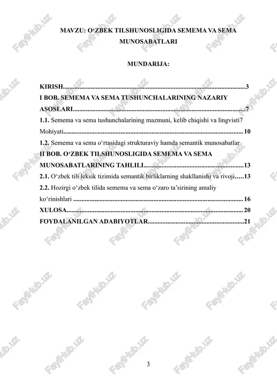 y asos sifatida xizmat qiladi. o‘zbek tilshunosligida semema va sema masalalari xx asrning ikkinchi yarmidan boshlab faol o‘rganila boshlagan. bu davrda sh. rahmatullayev, m. mirtojiyev, a. hojiyev, g‘. abdurahmonov, d. xudoyberganova kabi olimlar tomonidan leksik ma’no, semantik tizim, ma’no komponentlari, ma’no turlari va ularning o‘zaro aloqadorliklari ilmiy jihatdan tahlil qilindi. ushbu tadqiqotlar o‘zbek tilining semantik tuzilmasini aniqlashda, xususan, semema va semaning o‘zaro munosabatlarini o‘rganishda muhim ilmiy asos bo‘lib xizmat qilmoqda[footnoteref:1]. [1: xudoyberganova d. til va jamiyat: o‘zbek tili leksik tizimining ijtimoiy omillari. – toshkent: fan, 2020.] mazkur mavzuning dolzarbligi shundan iboratki, hozirgi o‘zbek tilshunosligida semantik tahlilning chuqurlashuvi, kompyuter lingvistikasi, avtomatik tarjima, korpus lingvistika va sun’iy intellekt sohalarining rivojlanishi so‘z ma’nosining strukturaviy tahlilini talab qilmoqda. so‘zning ma’nosini aniqlash uchun esa uni tashkil etuvchi eng kichik birliklarni – semalarni va ularning yig‘indisini – sememani to‘g‘ri talqin qilish zarur. shuning uchun semema va sema tushunchalarini o‘zbek tili misolida tahlil qilish nafaqat nazariy, balki …