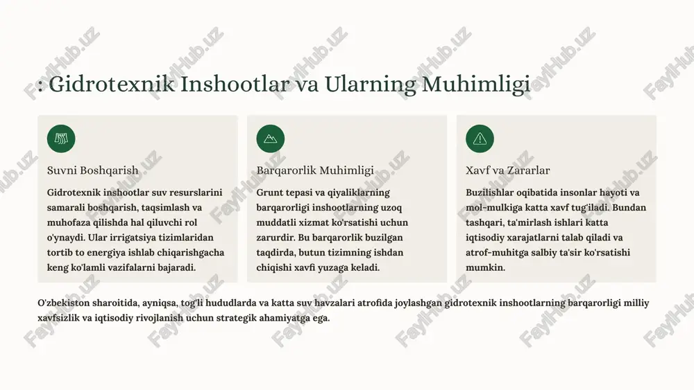 qotish grunt xususiyatlari: tuproq tarkibi, namlik darajasi, mustahkamlik ko'rsatkichlari va tabiiy zichlik amaliy misol: o'zbekistonning charvak suv omborida 2020-yilda kuchli yomg'irlar natijasida qiyalikning bir qismida sirpanish xavfi kuzatilgan va zudlik bilan mustahkamlash choralari ko'rilgan. buzilishning dastlabki belgilarini aniqlash vizual inspeksiya qiyalik yuzasida paydo bo'lgan kichik yoriqlar, deformatsiyalar va vegetatsiya qoplamidagi o'zgarishlar dastlabki ogohlantiruvchi belgilardir. geodezik o'lchashlar zamonaviy gps va lazer texnologiyalari yordamida qiyalik harakatini millimetr aniqlikda kuzatish mumkin. geotexnik tadqiqotlar grunt namunalarini olish va laboratoriya sharoitida tahlil qilish orqali ichki buzilishlarni aniqlash imkoniyati mavjud. 2-bob: ta'mirlash usullari va zamonaviy texnologiyalar 01 in'ektsiya usuli yuqori bosimli yo'naltirilgan in'ektsiya usuli - bu maxsus sement-polimer aralashmasini grunt massasiga kiritish jarayoni. aralashma grunt bo'shliklarini to'ldiradi va uni bir butun massaga aylantiradi. 02 perimetral mustahkamlash vertikal mustahkamlovchi elementlar (pal'lar, diafragma devorlar) yordamida qiyalikni barqarorlashtirish. bu usul chuqur va keng ko'lamli buzilishlarda samarali hisoblanadi. 03 geotexnologiyalar kam ta'sirli zamonaviy usullar - geotekstil materiallar, georezinkalar va geoto'rlar …