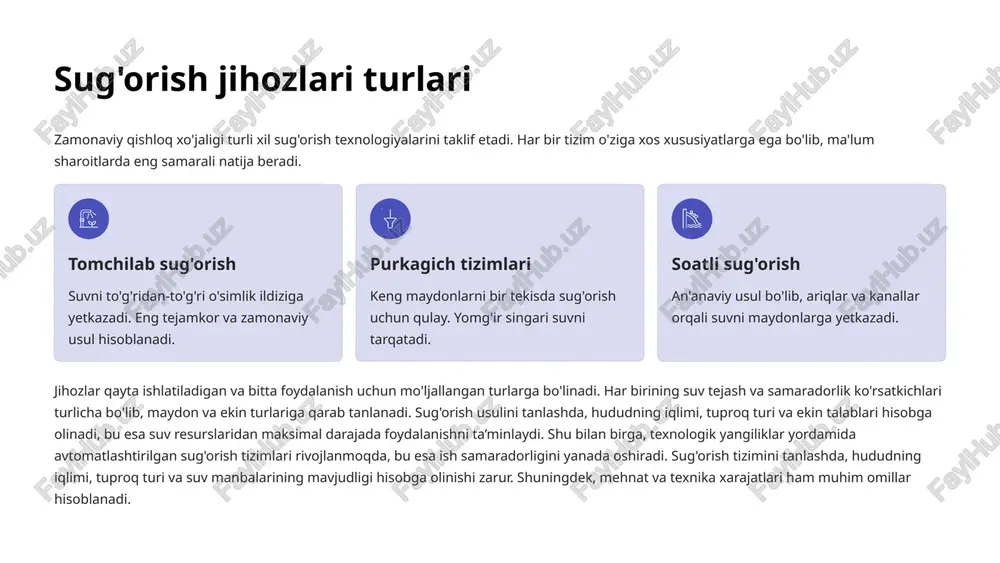 eriladigan omillar 01 tuproq turi va maydonning kattaligi tuproqning tuzilishi, namlikni ushlab turish qobiliyati va maydon hajmi muhim rol o'ynaydi. qumloq tuproqlar tez-tez sug'orishni talab qiladi, loyli tuproqlar esa namlikni uzoqroq saqlab turadi. 02 suv manbalarining mavjudligi va sifati suv manbai barqarorligi, suv bosimi va kimyoviy tarkibi jihoz tanlashda hal qiluvchi omillar. sho'rlangan suv tomchilab sug'orishda muammo tug'dirishi mumkin. 03 iqtisodiy samaradorlik jihozning boshlang'ich narxi, o'rnatish xarajatlari, texnik xizmat ko'rsatish qulayligi va uzoq muddatli tejamkorlikni hisobga olish zarur. 04 ekin turlari va o'sish davri har bir ekin turi o'ziga xos sug'orish rejimini talab qiladi. paxtaning suv ehtiyoji bug'doydan farq qiladi, sabzavotlar esa alohida yondashuv talab etadi. amaliyotda tomchilab sug'orish suvni tejash va hosilni oshirish tomchilab sug'orish tizimi maydonlarda samarali ishlayotgani – zamonaviy qishloq xo'jaligining yorqin namunasi. bu texnologiya o'zbekiston sharoitida juda samarali ekanligi isbotlangan. paxtachilik va sabzavotchilikda qo'llanilib, ajoyib natijalar bermoqda. sug'orish tarmog'ida suv isrofgarchiligiga qarshi kurash suv resurslarining cheklanganligi …