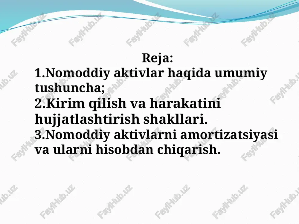 o’llaniladi: - nomoddiy aktivlarning haqiqiy (boshlang’ich) qiymati; - nomoddiy aktivlarning qoldiq qiymati. tashkilotning nomoddiy aktivlariga qabul qilingandan so’ng ularning haqiqiy (boshlang’ich) qiymati bo’yicha buxgalteriya hisobiga qabul qilinadi. nmaning boshlang’ich qiymatini shakllantirish tartibi ularni tashkilotda kirim qilish usullariga bog’liq. nomoddiy aktivlar kirimi hisobi buxgalteriya hisobida belgilangan tartibda buxgalteriya birlamchi, yig‘ma va hisob registrlarida aks ettiriladi. jumladan: nomoddiy aktivlar tashkilot tomonidan yaratilaganda nomoddiy aktivni barpo etish to‘g‘risida shartnoma, ob’ektni barpo etishga ketgan xarajatlarni tasdiqlovchi xujjatlar, ob’ektni kirim qilib olish to‘g‘risidagi dalolatnoma; oldi-sotdi shartnomasi bo‘yicha ob’ektni sotib olishda xuquqlar berilganligi to‘g‘risida shartnoma, amalga oshirilgan to‘lovlarni tasdiqlovchi xujjatlar, qabul qilib olish dalolatnomasi; beg‘araz kelib tushishi bo‘yicha xuquqlar berilganligi to‘g‘risida shartnoma, qabul qilish dalolatnomasi, baxolash dalolatnomasi. ortiqcha (hisobga olinmagan) nomoddiy aktivlar ob’ektlarini aniqlash bo‘yicha inventarizatsiya dalolatnomasi. nomoddiy aktivlar kirimi bilan bog‘liq xarajatlar xar bir inventar ob’ekt bo‘yicha jamlanma qaydnoma tuzilib buxgalteriya ma’lumotnomasi asosida av-6 shakldagi inventar kartochka ochiladi, buxgalteriya yozuvlari berilib 6-memorial order yoki 274-son …