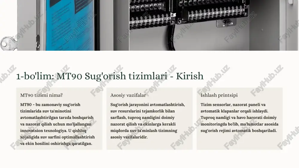 harorati o'lchagichlari va avtomatik elektromagnit klapanlar o'rnatilgan. barcha elementlar markaziy dastur orqali boshqariladi va real vaqt rejimida ishlaydi. energiya samaradorligi mt90 tizimi energiya sarfini 35-50% gacha kamaytiradi. suv tejash imkoniyati 40-60% ni tashkil etadi. tizim quyosh energiyasi panellari bilan integratsiya qilinishi mumkin, bu esa ekspluatatsiya xarajatlarini yanada pasaytiradi. 4 mt90 sug'orish tizimlari: amaliy misollar paxta dalalarida qo'llanilishi farg'ona vodiysidagi 500 gektar paxta maydonida mt90 tizimi o'rnatilgandan keyin suv sarfi 45% ga kamaydi va hosildorlik 28% ga oshdi. issiqxona xo'jaliklarida toshkent viloyatidagi zamonaviy issiqxonalarda mt90 tizimi yordamida sabzavot hosilini yiliga 3 marotaba yig'ish imkoniyati yaratildi. mikroiqlim nazorati va aniq sug'orish yuqori sifatli mahsulot olishni ta'minlaydi. meva bog'larida samaradorlik samarqand viloyatidagi olma bog'larida tizim joriy etilgandan so'ng, meva sifati yaxshilandi va daraxt o'limining oldini olish bo'yicha ijobiy natijalar qayd etildi. "mt90 tizimi bizning xo'jaligimizda inqilob yaratdi. suv xarajatlari sezilarli darajada kamaydi, hosil esa oshdi. tizimni boshqarish juda qulay va oson." - fermer …