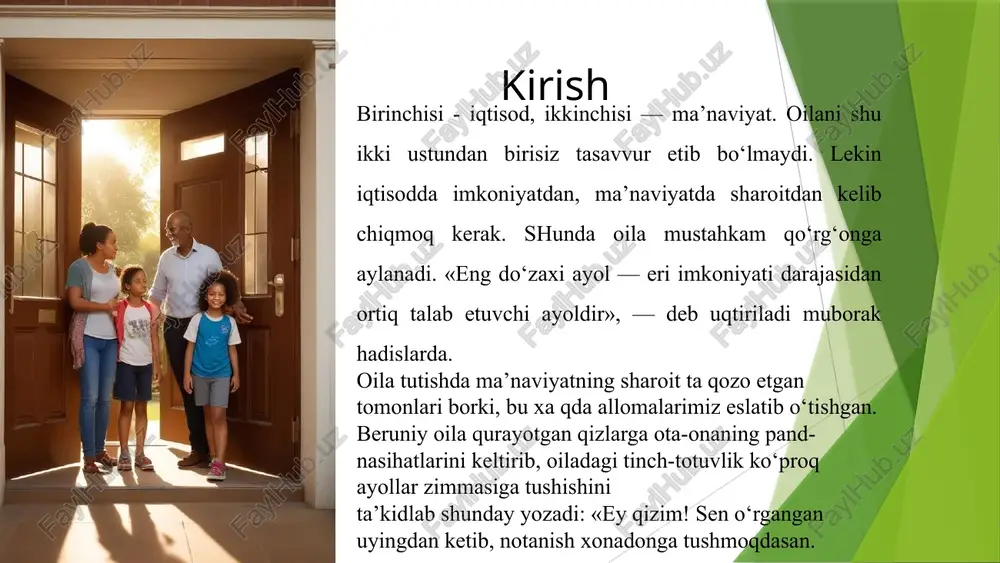 uchaytirish muhimdir. shuningdek, oila ichida axborot almashinuvi tizimini yaxshilash, masalan, onlayn platformalar orqali fikr almashish, oila an'analarini mustahkamlash va bolalar bilan sifatli vaqt o'tkazishga rag'batlantirish ham muhim ahamiyatga ega. mahalla integratsiyasi 02 mahalla ta'lim jarayonining muhim qismini tashkil etadi. mahalla doimiy ravishda bolalarning tarbiyasi va ta'limiga yordam beradigan resurslar va imkoniyatlarni taqdim etadi. mahalla tashkilotlari bolalarning ijtimoiy-iqtisodiy muhitini yaxshilash, ta'limga erishuvni oshirish va oila-ta'lim integratsiyasini mustahkamlashda faol ishtirok etishi lozim. mahallaning ta'limdagi ahamiyati mahalla yordami va resurslari mahallada ta'limni qo'llab-quvvatlovchi turli resurslar mavjud, masalan, o'qituvchilar, murabbiylar va qulay infratuzilma. mahallaning ta'lim muassasalari bilan yaqin hamkorligi bolalarga qo'shimcha bilim olish imkoniyatlarini taqdim etadi. shuningdek, mahallaning ijtimoiy tadbirlari va dasturlari bolalarning akademik va shaxsiy rivojlanishiga yordam berishi mumkin. mahalla va oila o'rtasidagi aloqalar mahalla va oila o'rtasidagi mustahkam aloqalar bolalarning ta'limida muhim rol o'ynaydi. ota-onalar va mahalla liderlari o'rtasida samarali aloqa va hamkorlik, bolalarning ta'lim va tarbiyasiga to'g'ridan-to'g'ri ta'sir ko'rsatadi. bu aloqalarni …