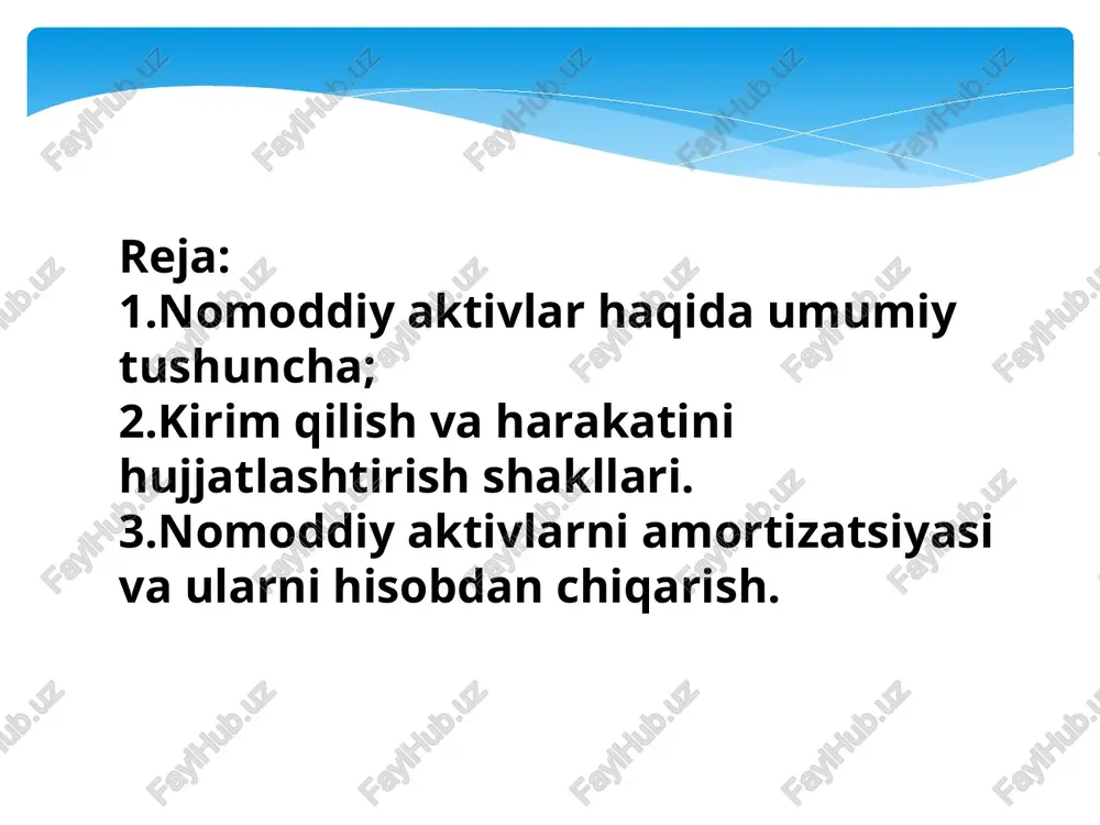 quyidagi turlari qo’llaniladi: - nomoddiy aktivlarning haqiqiy (boshlang’ich) qiymati; - nomoddiy aktivlarning qoldiq qiymati. tashkilotning nomoddiy aktivlariga qabul qilingandan so’ng ularning haqiqiy (boshlang’ich) qiymati bo’yicha buxgalteriya hisobiga qabul qilinadi. nmaning boshlang’ich qiymatini shakllantirish tartibi ularni tashkilotda kirim qilish usullariga bog’liq. nomoddiy aktivlar kirimi hisobi buxgalteriya hisobida belgilangan tartibda buxgalteriya birlamchi, yig‘ma va hisob registrlarida aks ettiriladi. jumladan: nomoddiy aktivlar tashkilot tomonidan yaratilaganda nomoddiy aktivni barpo etish to‘g‘risida shartnoma, ob’ektni barpo etishga ketgan xarajatlarni tasdiqlovchi xujjatlar, ob’ektni kirim qilib olish to‘g‘risidagi dalolatnoma; oldi-sotdi shartnomasi bo‘yicha ob’ektni sotib olishda xuquqlar berilganligi to‘g‘risida shartnoma, amalga oshirilgan to‘lovlarni tasdiqlovchi xujjatlar, qabul qilib olish dalolatnomasi; beg‘araz kelib tushishi bo‘yicha xuquqlar berilganligi to‘g‘risida shartnoma, qabul qilish dalolatnomasi, baxolash dalolatnomasi. ortiqcha (hisobga olinmagan) nomoddiy aktivlar ob’ektlarini aniqlash bo‘yicha inventarizatsiya dalolatnomasi. nomoddiy aktivlar kirimi bilan bog‘liq xarajatlar xar bir inventar ob’ekt bo‘yicha jamlanma qaydnoma tuzilib buxgalteriya ma’lumotnomasi asosida av-6 shakldagi inventar kartochka ochiladi, buxgalteriya yozuvlari berilib 6-memorial order …