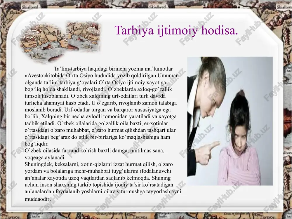 sonning ma’naviy va ruxiyatiga, aql-zakovatiga ilxom baxsh etadi, yaxshilik, samimiylik sari yetaqlaydi. o`zbeklarning o`zaro samimiy salomlashishi milliy urf-odatning ibratli ko`rinishlaridan hisoblanadi. tarbiya ijtimoiy hodisa. o`zbek xalqining bola tarbiyasi mohiyati, mazmuni, usullari, tarbiyaning kundalik va istiqbol rejasi, farzandlarga tartib o`tkazish vazifasini tanlash va unda unumli foydalanish tajribasi o`ziga xos xususiyaga egadir. bu xususiyat xalqning ma’naviy boyligi sifatida to`plangan, an’analari zamiridan kelib chiqqan. milliy maktab vazifalaridan biri ajdodlarimiz merosi milliy ana’nalarini o`rganib ulardan ta’lim-tarbiya jarayonida bolalarni tarbiyalashda unumli foydalanishdir. «an’ana» /arabcha/-/o`zbek/ uzoq zamonlardan beri avloddan-avlodga, otalardan bolalarga o`tib davom etib kelgan urf-odatlar, axloq normalari, qarashlar va x.k. dir. a’ananalar-ijtimoiy va ma’naviy merosimdir. tarbiya jarayonini rag`batlantiruvchi kuchlari. xozirgi kunda ayniqsa vatanparvarlik, millatlararo do`stlik, ekologik, iqtisodiy, xususiy, madaniyat, ta’lim-tarbiya soxasidagi an’analarni qo`llash o`zbek xalqining urf-odatlar, turmush-tarzi, oilaviy marosimlarini milliy maktab, oilaviy tarbiyada qo`llash komil insonni shakllantirish vositalaridan biridir. “barg ildizdan quvvat oladi “deganlaridek xozirgi va kelajak avlod kishilarining ularni chuqur bilimi, ma’naviyatimizning mag‘zi yetukligi …