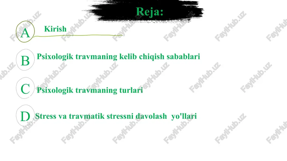 cha aytganda, bu hodisa osoyishtalikni sezilarli darajada buzadi bir kishining. shikastlanish haqida gapiradigan bo'lsak, voqea oldindan aytib bo'lmaydigan bo'lishi, odamning nazorati ostida bo'lmasligi va hissiy naqshlaringizni jiddiy ravishda buzadi. ushbu hodisaning ta'siri insonning psixologik zaiflashishiga olib keladi. terror voqea va travmatik parchalarning birlashishiga xalaqit beradigan xotira fobiyasiga aylanadi. xotiralar oddiy ongdan ajralib, vizual in'ikoslar, somatik tashvishlar va o'zini tutish ko'rsatkichlari sifatida tashkil etilgan, tajribamizning asl rejimida bizning xotiralarimizda saqlanmoqda (salvador, 2017). shikast holatlarga duchor bo'lgan odamlar jarohat olishdi (travma so'zi yunon tilidan olingan va yara degan ma'noni anglatadi), ular eslashdan qo'rqishadi, istamaydilar, eslay olmaydilar, ularga murojaat qiladigan har qanday odam yoki vaziyat bilan aloqa qilishdan qochishadi. sodir bo'lgan voqealarga va ko'pincha ajralib chiqishga favqulodda mexanizm sifatida olib keladi, bu vaqt o'tishi bilan parvarishlash mudofaasi mexanizmiga aylanadigan tajribadan uzilishni anglatadi. ya'ni, omon qolish uchun xizmat qilgan narsa, endi qolishga xizmat qiladi (salvador, 2017). psixologik travmaning turlari psixologik jarohatlarning turlari bir necha …