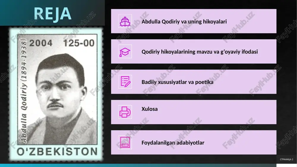 tiy saboqlar haqida hikoya. abdulla qodiriy va uning hikoyalari stranitsa 5 abdulla qodiriy va uning hikoyachiligi abdulla qodiriy o’zbek adabiyotining xx asr boshidagi eng muhim namoyandalaridan biri bo’lib, uning ijodi milliy ma’rifatparvarlikning yorqin timsolidir. u nafaqat she’riyat va dramaturgiya sohasida, balki nasr janrida ham o’ziga xos o’rin egallagan. ayniqsa, hikoyachilikdagi faoliyati orqali jamiyatdagi ijtimoiy-iqtisodiy o’zgarishlarni, inson taqdirini va milliy ruhni chuqur aks ettirgan. stranitsa 6 abdulla qodiriy va hikoyachilikka kirish qodiriyning hayoti, ijodiy muhiti, jadidchilik ta’siri abdulla qodiriy 1894-yil 10-aprel kuni toshkent shahrida badavlat savdogar oilasida dunyoga kelgan. otasi qodir aka uzoq umr ko’rgan (102 yoshgacha) va ko’p narsani ko’rgan odam bo’lib, o’g’liga o’z hikoyalarini aytib berar, bu qodiriy ijodiga dastlabki ta’sir etgan. yoshligidan qadimgi sharq madaniyati va adabiyoti ruhida tarbiya topgan qodiriy arab, fors va rus tillarini o’rgangan, jahon adabiyotini ixlos bilan mutolaa qilgan. uning oilaviy muhiti savdogarlar, boylar va kambag’al dehqonlar, iqtidorli hunarmandlar, doim muhtojlikda kun kechiruvchi oddiy …