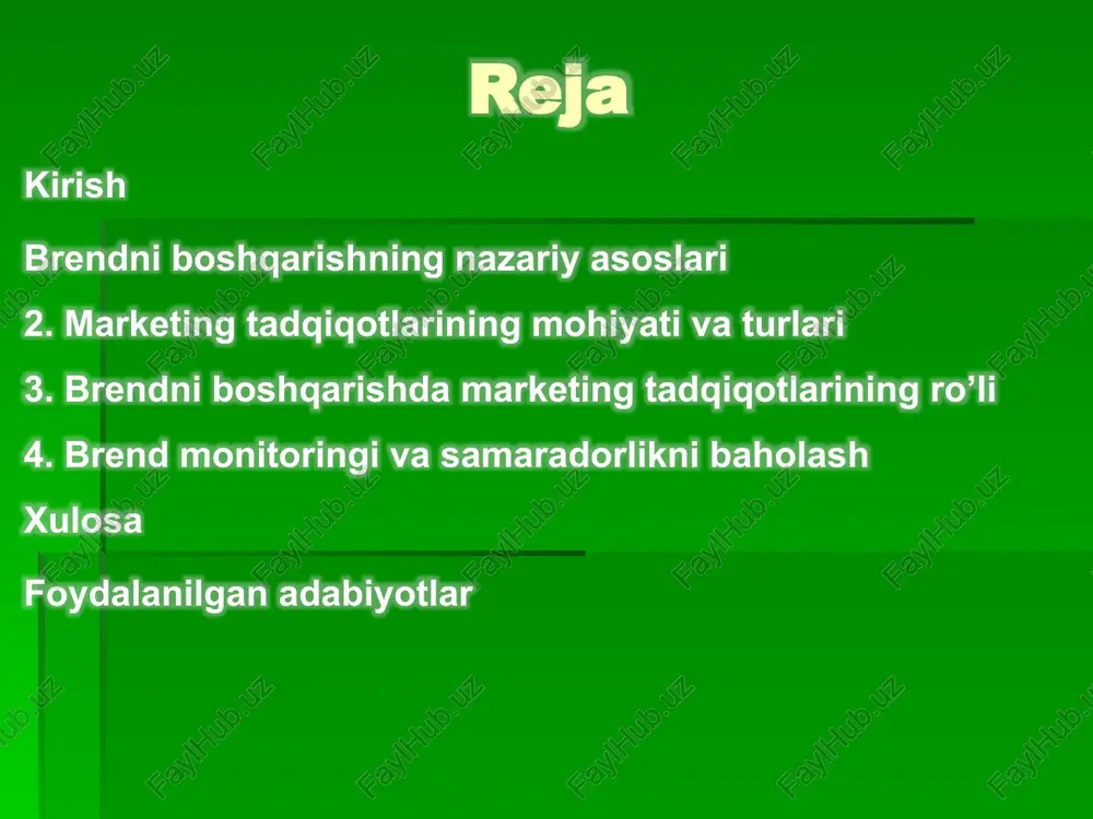 rga chidamlilik: brend boshqaruvi orqali kompaniya salbiy voqealardan (masalan, pr-krizislaridan) tezroq tiklanishi mumkin. brendni boshqarishning nazariy asoslari brendni boshqarish – bu korxona mahsulotlari yoki xizmatlarini iste’molchilar ongida ijobiy obraz yaratish va uni saqlab qolish jarayoni. nazariy jihatdan, brend boshqaruvining asoslari xx asrning ikkinchi yarmida shakllangan bo’lib, u marketingning rivojlanishi bilan bog’liq. brendni boshqarishning nazariy asoslari brendning iqtisodiy va psixologik qiymatini ta’kidlaydi, chunki brend nafaqat savdo belgisi, balki korxonaning kapitali sifatida qaraladi. marketing tadqiqotlarining mohiyati va turlari marketing tadqiqotlari – bozor, iste’molchilar va raqobatchilar haqida ma’lumot to’plash, tahlil qilish va interpretatsiya qilish jarayoni. brend boshqarishda tadqiqotlar strategik qarorlar uchun asos bo’ladi. marketing tadqiqotlarining mazmuni – sistematik ma’lumot to’plash. maqsadi – xavflarni kamaytirish, imkoniyatlarni aniqlash va brend strategiyasini optimallashtirish. nazariy jihatdan, tadqiqotlar kotlerning marketing tadqiqot jarayoniga asoslanadi: muammo aniqlash, tadqiqot dizayni, ma’lumot to’plash, tahlil va hisobot. brendni boshqarishda marketing tadqiqotlarining ro’li brend boshqarishi korxonalarning bozor muhitidagi raqobatbardoshligini ta’minlashda muhim o’rin egallaydi. ushbu …