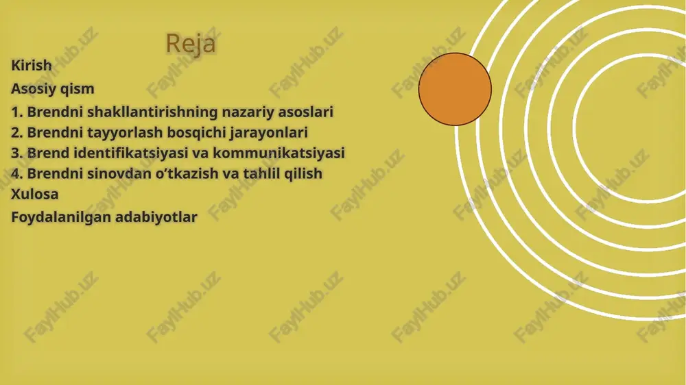 a noyob bo’lishi kerak logotip va vizual elementlar: logotip – brendning yuzidir. u ranglar, shakllar va shriftlar orqali brendning xususiyatlarini aks ettiradi brend qadriyatlari va missiyasi: bu brendning ichki mohiyatini belgilaydi brend pozitsiyasi: bozor ichidagi o’rni, ya’ni raqobatchilardan farqlanish brend imiji: iste’molchilarning brend haqidagi tasavvuri, u reklama va tajriba orqali shakllanadi. 7 brendni shakllantirishga tayyorgarlik jarayoni vizual identifikatsiya elementlarini rejalashtirish (logo, rang, dizayn) brend kommunikatsiyasi strategiyasini ishlab chiqish brend ohangi (tone of voice) reklama va marketing kanallarini tanlash iste’molchilar bilan aloqa o‘rnatish usullari brend tayyorlash bosqichi – bu nazariy asoslarni amaliyotga o’tkazish jarayoni. bu bosqichda brendning asosiy komponentlari ishlab chiqiladi va sinovdan o’tkaziladi. zaranee izuchite material predugadayte rasprostranennie voprosi i ojidayte ix otrepetiruyte otveti pri otvetax na voprosi ochen vajno soxranyat samoobladanie, chtobi viglyadet uverenno i avtoritetno. soxranit uverennost v sebe pomogut sleduyushie soveti: soxranyayte spokoystvie aktivno slushayte uslishav vopros, sdelayte pauzu i obdumayte ego podderjivayte zritelniy kontakt brendni tayyorlash …