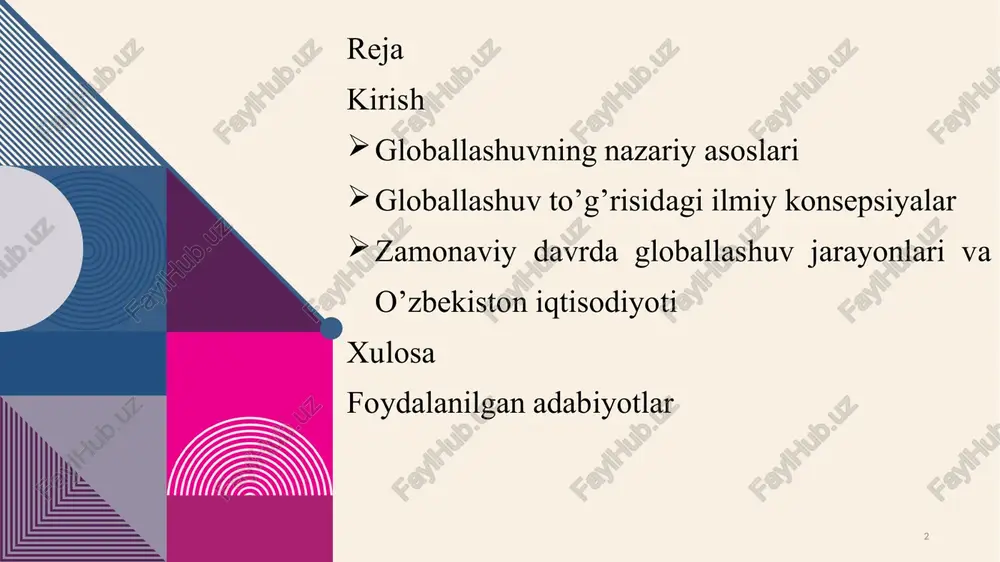 iyatlar yaratadi, ammo tengsizlikni kuchaytirishi mumkin. globallashuvning asosiy komponentlari quyidagilar: iqtisodiy (savdo va investitsiyalar), texnologik (internet va transport), madaniy (madaniyatlar almashinuvi) va siyosiy (xalqaro tashkilotlar, masalan, jahon savdo tashkiloti). 6 6 iqtisodiy globallashuv tushunchasi va mohiyati 7 7 8 konsepsiya nomi asosiy yo’nalish markaziy g’oya asosiy olimlar/maktab neoklassik (erkin savdo) savdo liberallashuvi va bozor mexanizmlari globallashuv resurslarni samarali taqsimlash va iqtisodiy o’sishni ta’minlaydi adam smit, devid rikardo, milton fridman strukturalizm rivojlangan va rivojlanayotgan mamlakatlar o’rtasidagi tengsizlik globallashuv markaz-periferiya modelini kuchaytiradi, qashshoqlikni chuqurlashtiradi raul prebish, semyuel geyzen institutsionalizm milliy institutlar va siyosatning ro’li globallashuv milliy qoidalarga bog’liq; muvaffaqiyat institut sifatiga bog’liq duglas nort, jozef stiglits zamonaviy globallashuv nazariyasi texnologik va axborot oqimlari globallashuv «tekis dunyo» yaratadi, lekin raqobatbardoshlik talab etadi tomas fridman, kenixi ohmae kritik (marksistik) yondashuv kapitalizmning global kengayishi globallashuv transmilliy korporatsiyalar foydasiga ishlaydi, ijtimoiy adolatsizlikni oshiradi emmanuyel valersten, aleksandr ekk barqaror rivojlanish konsepsiyasi ekologik va ijtimoiy muvozanat globallashuv barqarorlik …