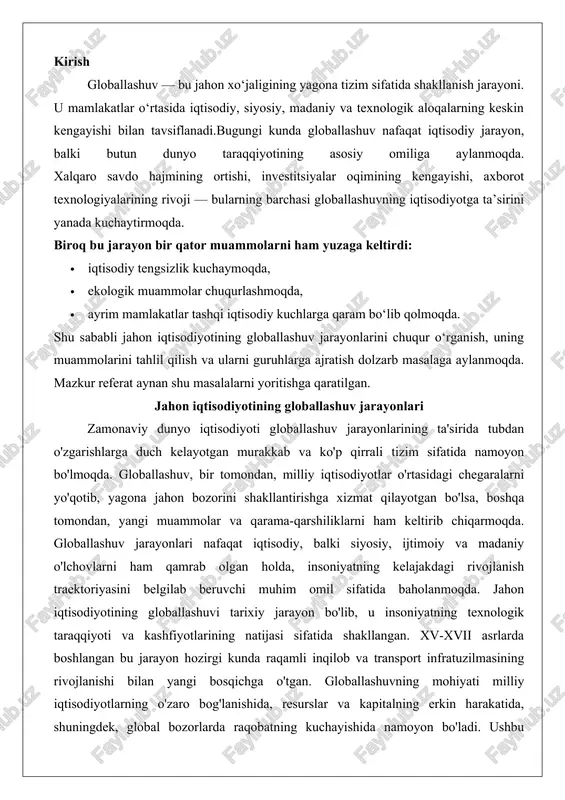 atijasi sifatida shakllangan. xv-xvii asrlarda boshlangan bu jarayon hozirgi kunda raqamli inqilob va transport infratuzilmasining rivojlanishi bilan yangi bosqichga o'tgan. globallashuvning mohiyati milliy iqtisodiyotlarning o'zaro bog'lanishida, resurslar va kapitalning erkin harakatida, shuningdek, global bozorlarda raqobatning kuchayishida namoyon bo'ladi. ushbu jarayonlar nafaqat iqtisodiy o'sishni rag'batlantiradi, balki global muammolarni ham yechishga yordam beradi, ammo bir vaqtning o'zida tengsizlik va ekologik xavflarni kuchaytirishi mumkin. quyida ushbu jarayonlarning asosiy jihatlari batafsil yoritiladi. iqtisodiy globallashuvning asosiy omillari iqtisodiy globallashuvning asosiy omillari jahon iqtisodiyotining rivojlanishida markaziy o'rin tutadi va ularning har biri jarayonning turli qirralarini ochib beradi. birinchi navbatda, texnologik taraqqiyotni alohida ajratib ko'rsatish joiz. texnologiyalarning rivojlanishi, xususan, axborot va aloqa texnologiyalari (aat) ishlab chiqarish jarayonlarini soddalashtirib, xarajatlarni kamaytirishga imkon berdi. masalan, internet va raqamli platformalar orqali kompaniyalar global miqyosda real vaqtda ma'lumot almashinuvini ta'minlaydi, bu esa savdo va investitsiyalarni tezlashtiradi. ikkinchi omil sifatida xalqaro savdo va kapital harakatining liberallashtirilishini ko'rsatish mumkin. jahon tijorat tashkilotining (jtt) …
