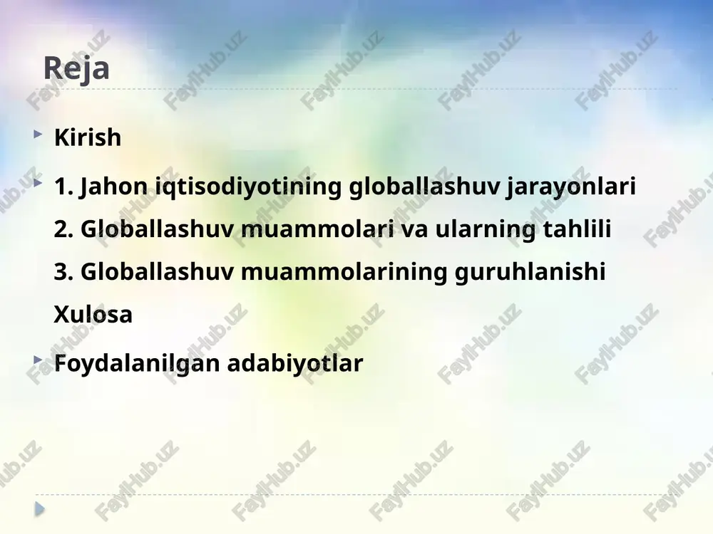axborot va aloqa texnologiyalari (aat) ishlab chiqarish jarayonlarini soddalashtirib, xarajatlarni kamaytirishga imkon berdi. masalan, internet va raqamli platformalar orqali kompaniyalar global miqyosda real vaqtda ma'lumot almashinuvini ta'minlaydi, bu esa savdo va investitsiyalarni tezlashtiradi. ikkinchi omil sifatida xalqaro savdo va kapital harakatining liberallashtirilishini ko'rsatish mumkin. guruh muammo nomi tavsif iqtisodiy muammolar boy va kambag‘al davlatlar o‘rtasidagi tafovut rivojlangan va rivojlanayotgan mamlakatlar o‘rtasida iqtisodiy nomutanosiblik ortib bormoqda. sotsial muammolar ishsizlik, migratsiya, demografik bosim global mehnat bozorida raqobat, past malakali ishchi kuchi migratsiyasi kuchaymoqda. texnologik muammolar raqamli tafovut rivojlangan mamlakatlar ilg‘or texnologiyalarni nazorat qiladi, boshqa davlatlar ortda qolmoqda. ekologik muammolar iqlim o‘zgarishi, ifloslanish global sanoat faoliyati va iste’mol iqlim inqiroziga olib kelmoqda. siyosiy muammolar geosiyosiy ziddiyatlar, global boshqaruv tanqisligi davlatlar o‘rtasida manfaatlar to‘qnashuvi, xalqaro tashkilotlar samaradorligi pasaymoqda. madaniy muammolar milliy qadriyatlarning yo‘qolishi madaniy homogenlashuv natijasida milliy identifikatsiya zaiflashmoqda. globallashuv muammolari (asosiy guruhlar bo‘yicha): xalqaro savdo va moliyaviy integratsiyaning kuchayishi xalqaro savdo va moliyaviy …