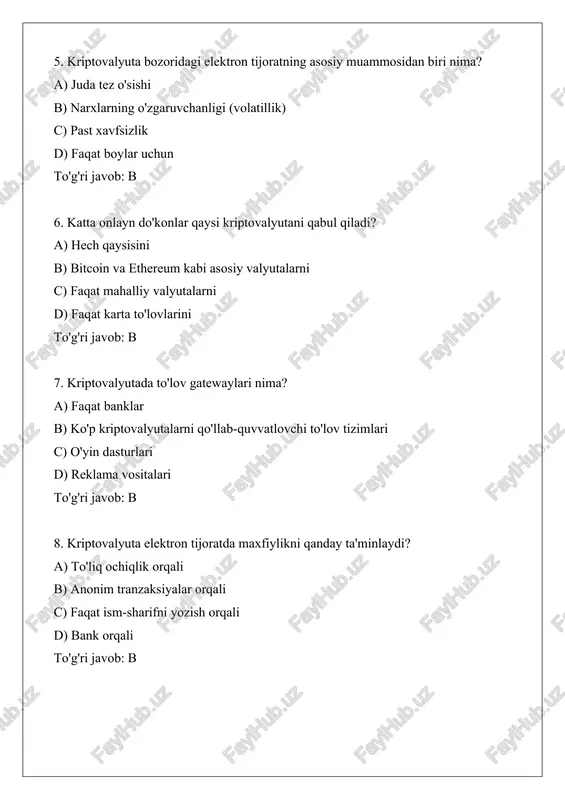 aldanishdan himoya va tez tranzaksiyalar c) yuqori xarajatlar d) faqat yevropada to'g'ri javob: b variant 2: 1. kriptovalyuta elektron tijoratda qanday ishlaydi? a) faqat oflayn do'konlarda b) blokcheyn orqali xavfsiz tranzaksiyalar orqali c) bank kartalari bilan d) qog'oz cheklar bilan to'g'ri javob: b 2. kriptovalyuta to'lovlarining komissiyasi qancha? a) 5-10% b) odatda 1% dan past c) hech qancha emas d) 20% dan yuqori to'g'ri javob: b 3. 2025 yilda e-tijoratda kripto tendentsiyalari orasida nima bor? a) an'anaviy valyutalarga qaytish b) maxfiylikka e'tibor kuchayishi c) faqat mobil ilovalar d) internetdan voz kechish to'g'ri javob: b 4. blokcheynning elektron tijoratdagi roli nima? a) markaziy boshqaruv b) desentralizatsiyalangan ledger (hisob-kitob) c) faqat reklama d) o'yinlar to'g'ri javob: b 5. kripto bozoridagi asosiy xavf nima? a) juda barqaror narxlar b) o'zgaruvchanlik va firibgarliklar c) past tezlik d) faqat kichik do'konlar to'g'ri javob: b 6. qaysi yirik kompaniyalar kripto qabul qiladi? a) hech qaysisi b) …