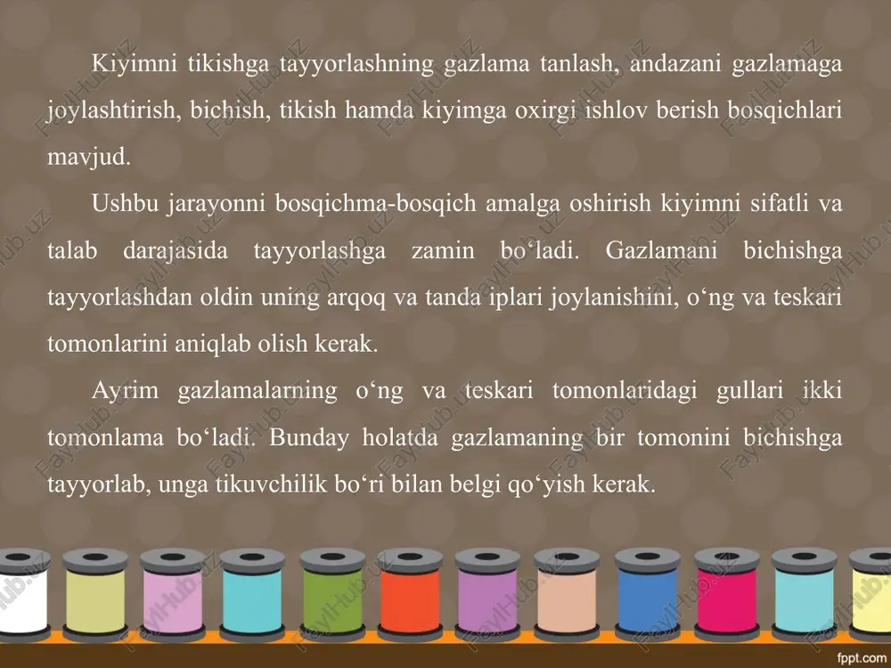 ish. fartuk andazasining bo‘ylama ipi bo‘yicha gazlamani tejagan holda joylashtirib, to‘g‘nag‘ich bilan puxtalang. so‘ngra cho‘ntak qismini bo‘ylama ipi bo‘yicha joylashtirib, to‘g‘nag‘ich bilan qotiring. ro‘mol andazasini ham joylashtiring va to‘g‘nag‘ich bilan puxtalang. tikuvchilik bo‘ri bilan chok haqini qoldirib, kontur chiziqlarini chizib oling. gazlamaga andazani to‘g‘ri joylashtirganingizni tekshiring. 3. fartukni bichish. kontur chiziqlari bo‘ylab bir tekis biching. bichiq bo‘laklarni tekshiring. 4. belbog‘ va bog‘ich qismlari gazlamani 45° qiyalikda buklab, hisoblash formulasidagi o‘lchov bo‘yicha bichiladi. diqqat qiling! gazlamani andazaga joylashtirish jarayonida detallar va chiziqlar nomi qalam bilan yoziladi. andazani gazlamaga joylashtirish jarayoni. asbob va moslamalar: ish qutisi, fartukning bichilgan detallari, tikuv mashinasi, dazmol va dazmol stoli. ishni bajarish tartibi qiziqarli maʼlumot bilasizmi, eng mayda ignalarni dunyo bo‘yicha germaniyada tayyorlashar ekan. bu ignalar po‘latdan lupa orqali tayyorlanar ekan. ignaning uzunligi 9–10 mm, diametri 0,28 mm ni tashkil etar ekan. britaniyalik haykaltarosh uillard uigan ignaning teshigiga sig‘adigan 2 mm li kofe donachasidan foydalanib, yelizaveta ii …