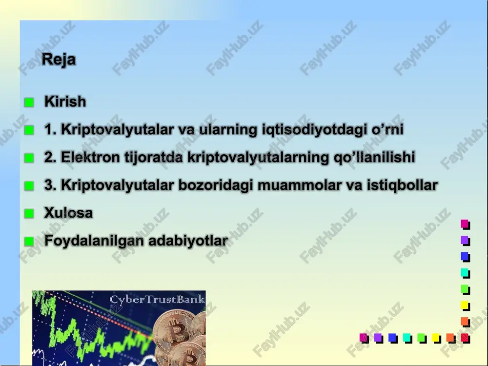 iptovalyutalar blokcheyn texnologiyasi asosida ishlaydi, bu esa ularning markazlashmagan va shaffof tizimini ta’minlaydi. blokcheyn – bu tarqalgan daftar (distributed ledger) bo’lib, u barcha tranzaksiyalarni bloklar zanjiri shaklida saqlaydi. har bir blok oldingi blokning shifrini o’z ichiga oladi, bu zanjirning buzilmasligini ta’minlaydi. blokcheynning asosiy printsipi – konsensus mexanizmi, ya’ni tarmoq ishtirokchilari (nodlar) tranzaksiyalarni tasdiqlash uchun kelishadi. elektron tijoratda kriptovalyutalarning qo’llanilishi zamonaviy iqtisodiyotda elektron tijorat (e-commerce) sohasi jadal rivojlanmoqda va bu jarayonda kriptovalyutalar muhim o’rin egallab bormoqda. kriptovalyutalar, ya’ni raqamli valyutalar, blokcheyn texnologiyasi asosida ishlaydigan va markazlashmagan tizimlar orqali ta’minlanadigan to’lov vositalari sifatida internet savdosi sohasida keng qo’llanilmoqda. 2025 yilda global elektron tijorat bozori 7,7 trillion aqsh dollaridan oshib, 2030 yilga kelib 11,7 trillion dollarga yetishi kutilmoqda, bu esa 8,5% yillik o’sish sur’ati bilan bog’liq. internet savdolarda kriptovalyutalarning to’lov vositasi sifatida ishlatilishi internet savdosi sohasida kriptovalyutalar to’lov vositasi sifatida qo’llanilishi elektron tijoratning rivojlanishida muhim bosqichdir. an’anaviy to’lov tizimlari, masalan, kredit kartalari yoki …