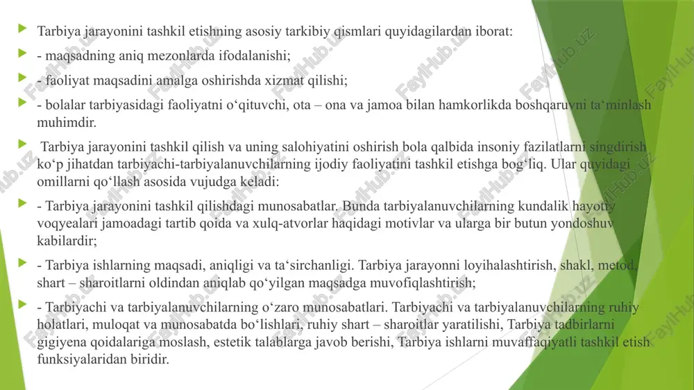 assalaridagi uzluksiz ta‘lim –tarbiya jarayoni tashkil etadi. tarbiya jarayonini tashkil qilish metodikasi ijtimoiy faollikni shakllantirishga xizmat qiladi. uning maqsadi bo‘lajak o‘qituvchi va tarbiyachilarning tarbiya ish va tadbirlarning mazmunli bo‘lishini ta‘minlashda boy milliy va umuminsoniy qadriyat va urf-odatlardan keng foydalanishga, tarbiya ta‘sirga ega bo‘lgan manbalarni ajrata bilishga qaratilgandir. tarbiya fanini o‘qitishni tashkil qilishning asosiy maqsadi, bugungi kun talabiga javob beradigan barkamol shaxsni shakllantirishga qaratilgan ekan, ayni paytda bu o‘qituvchilarga katta mas‘uliyatni yuklaydi. shu jihatdan ham o‘qituvchining pedagogik faoliyat yuritishi davr talabiga javob bermog‘i lozim. o‘zbekiston respublikasining ―ta‘lim to‘g‘risida”gi qonuni va kadrlar tayyorlash milliy dasturining bosh masalalaridan biri ham yosh avlodni barkamol etib tarbiyalashdan iborat etib belgilangan. shu jihatdan ham yosh avlodni barkamol qilib voyaga yetkazish uchun respublikamizda ijtimoiy – tashkiliy, tarbiya ishlar amalga oshirilmoqda. barkamol avlodni tarbiyalash, ma‘naviy, ma‘rifiy, tashkiliy uslubiy, ijtimoiy-iqtisodiy jihatlari bilan murakkab tarbiya ishlar tizimi kundan-kunga takomillashib bormoqda. tarbiya fanini o‘qitish metodikasi fanining asosiy vazifasi yosh avlodni ma‘naviy-ahloqiy …