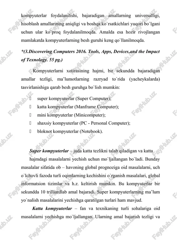 rlar (pc - personal computer); · bloknot kompyuterlar (notebook). super kompyuterlar – juda katta tezlikni talab qiladigan va katta hajmdagi masalalarni yechish uchun mo`ljallangan bo`ladi. bunday masalalar sifatida ob – havoning global prognoziga oid masalalarni, uch o`lchovli fazoda turli oqimlarning kechishini o`rganish masalalari, global informatsion tizimlar va h.z. keltirish mumkin. bu kompyuterlar bir sekundda 10 trilliardlab amal bajaradi. super kompyuterlarning ma’lum yo`nalish masalalarini yechishga qaratilgan turlari ham mavjud. katta kompyuterlar – fan va texnikaning turli sohalariga oid masalalarni yechishga mo`ljallangan. ularning amal bajarish tezligi va xotira hajmi super kompyuterlarnikiga qaraganda bir – ikki pog`ona past. mini kompyuterlar hajmi va bajaradigan amallar tezligi jihatidan katta kompyuterlardan kamida bir pog`ona pastdir. shuni aytish joizki, ularning o`lchamlari tobora ixchamlashib, hatto shaxsiy kompyuterdek kichik joyni egallaydiganlari yaratilmoqda. bu kompyuterlar avvallari asosan harbiy maqsadlar uchun ishlatilgan va maxfiy hisoblangan. shaxsiy kompyuterlar hozirda korxonalar, muassasalar, oily o`quv yurtlarida keng tarqalgan bo`lib, ularning aksariyati ibm rusumiga mos …