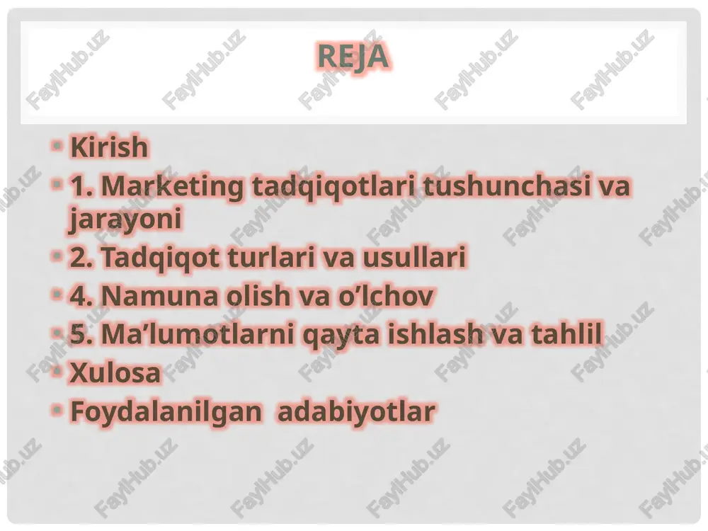 keting tadqiqotlari turli mezonlar bo'yicha tasniflanadi. maqsad bo‘yicha: izlanmali (exploratory), tavsifiy (descriptive), sabab-oqibat (causal).maqsad bo'yicha marketing tadqiqotlari izlanmali, tavsifiy va sabab-oqibat turlariga bo'linadi. izlanmali tadqiqot – muammoni chuqur o'rganish uchun ishlatiladi, qachonki muammo aniq bo'lmasa. u yangi g'oyalar hosil qiladi. amaliy misolda, spotify kompaniyasi musiqa bozori haqida izlanmali tadqiqot o'tkazib, striming modelini ishlab chiqqan.tavsifiy tadqiqot – bozor holatini tavsiflaydi, masalan, demografik ma'lumotlar. u statistik usullarga asoslanadi. ma’lumot manbasi: birlamchi vs ikkilamchi birlamchi ma’lumotlar – kompaniya tomonidan yangidan yig’ilgan ma’lumotlar. chuqur tahlil ko’rsatadiki, ular muayyan muammoga mos, lekin qimmat. misolda, starbucks fokus-guruhlar orqali birlamchi ma’lumot yig’ib, menyuni takomillashtirgan.ikkilamchi ma’lumotlar – mavjud manbalardan olingan, masalan, hukumat hisobotlari. tahlil ko’rsatadiki, ular tez va arzon, lekin eskirgan bo’lishi mumkin. amaliy misolda, walmart ikkilamchi ma’lumotlardan foydalanib, bozor trendlarini tahlil qiladi. dizayn: kesimiy, uzunlamasına (panel/ko’ndalang) kesimiy dizayn – ma’lumotlar bir vaqtda yig’iladi. chuqur tahlil ko’rsatadiki, u tez va arzon. misolda, adidas bozor ulushini kesimiy dizayn orqali …