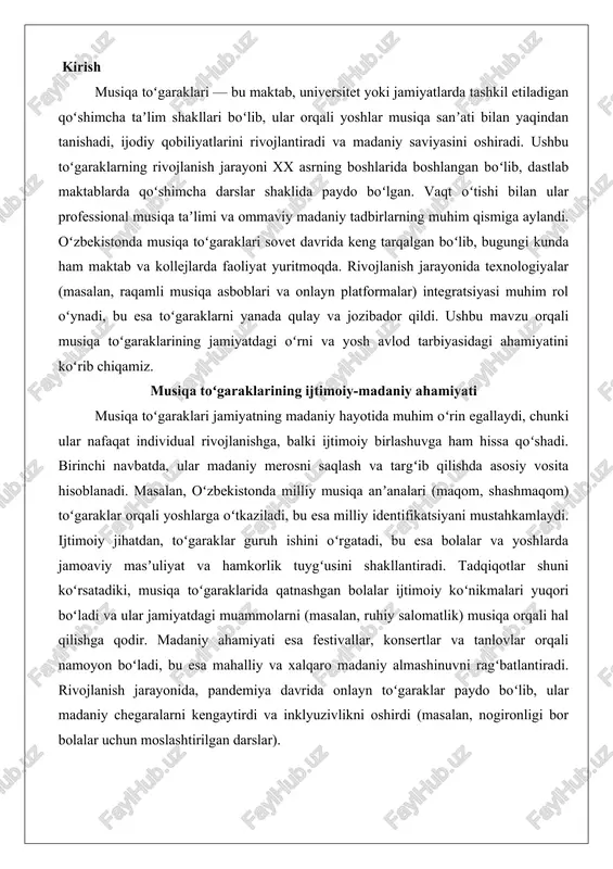 siqa orqali hal qilishga qodir. madaniy ahamiyati esa festivallar, konsertlar va tanlovlar orqali namoyon boʻladi, bu esa mahalliy va xalqaro madaniy almashinuvni ragʻbatlantiradi. rivojlanish jarayonida, pandemiya davrida onlayn toʻgaraklar paydo boʻlib, ular madaniy chegaralarni kengaytirdi va inklyuzivlikni oshirdi (masalan, nogironligi bor bolalar uchun moslashtirilgan darslar). oʻquvchi yoshlarni estetik tarbiyalashda musiqa toʻgaraklarining oʻrni musiqa toʻgaraklari oʻquvchi yoshlarni estetik tarbiyalashda markaziy rol oʻynaydi, chunki ular goʻzallikni idrok etish va ijodiy fikrlashni rivojlantiradi. estetik tarbiya — bu nafaqat musiqa tinglash, balki uni yaratish va tahlil qilish orqali yoshlarda hissiy intellektni shakllantirishdir. masalan, toʻgaraklarda nota oʻqish, asbob chalish va qoʻshiq aytish darslari orqali bolalar goʻzallik standartlarini oʻrganadi, bu esa ularning dunyoqarashini kengaytiradi. psixologik tadqiqotlar boʻyicha, musiqa bilan shugʻullanish miya faoliyatini yaxshilaydi va stressni kamaytiradi, natijada oʻquv natijalari yaxshilanadi. oʻzbekiston taʼlim tizimida musiqa toʻgaraklari maktab darslarini toʻldirib, yoshlarni estetik jihatdan boyitadi — masalan, milliy cholgʻu asboblari (doʻmbira, rubob) orqali madaniy qadriyatlarni singdiradi. rivojlanish jarayonida, zamonaviy …