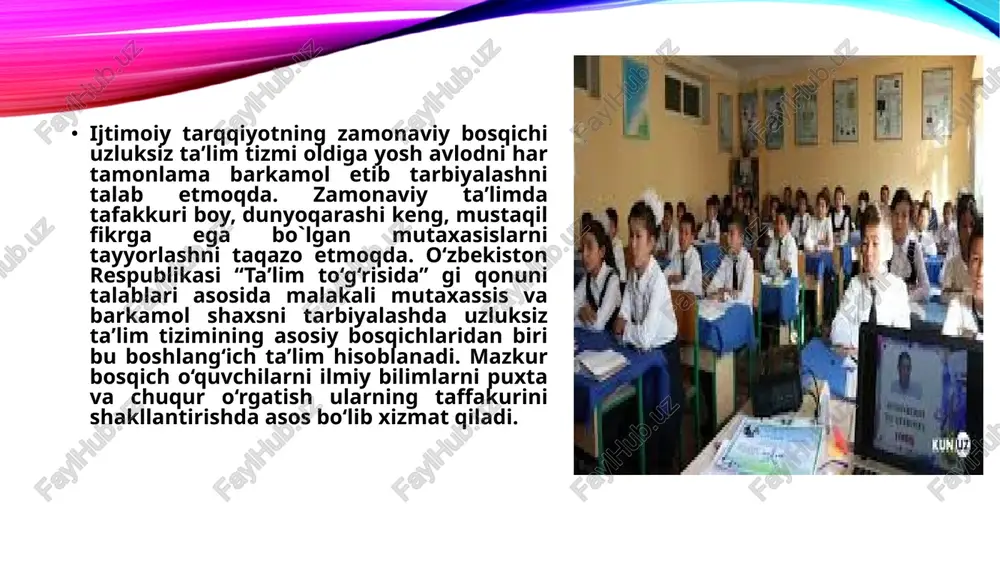 ribasini boyitadi, atrofimizdagi jonli va jonsiz tabiatda yuz berayotgan hodisa va jarayonlar to‘g‘risida bilimlar to‘plashga imkon beradi. shuning uchun ham pedagogika oliy o‘quv yurtlarining talabalari, ayniqsa, bo‘lajak boshlang‘ich sinf o‘qituvchilari, tabiatshunoslik fanini o‘qitishning ilmiynazariy va amaliy yutuqlari bilan yaxshi tanish bo‘lishlari kerak. shu o‘rinda prezidentimiz sh.m.mirziyoyev “yangi o‘zbekiston taʼlimining kelajagi” haqida quyidagi fikrlarini bildiradi: “taʼlim sifatini oshirish - yangi o‘zbekiston taraqqiyotining yakkayu yagona to‘g‘ri yo‘lidir”. “najot taʼlimda, najot tarbiyada, najot bilimda. maktab taʼlimini rivojlantirsak, oliy taʼlim ham, ilm ham kelajakda rivojlanadi. hozir bu masalaga eʼtibor qilmasak, nafaqat kechirmaydi, yoshlarimiz sharoit bor joyga ketadi”. tabiatning inson ongidagi aksi bo‘lgan tabiatshunoslik jamiyatning rivojlanishi bilan mukammalashadi. tabiatshunoslik tushunchalarini o‘zlashtirishda predmetlararo; nutqni rivojlantirish, o‘qish, matematika, ona tili, musiqa, ashulla, mehnat taʼlimi, rasm fanlari bilan aloqa o‘rnatilishi muhim ahamiyatga ega. predmetlararo aloqadan tizimli ravishda foydalanish bolalarni ilgari olingan bilimlarni qo‘llashiga, o‘quv faoliyatlarining barcha turlarida mantiqiy bog‘lanish o‘rnatishga o‘rgatadi. tabiatshunsolik fanini o‘qitish metodikasini yaxshi bilish boshlang‘ich …