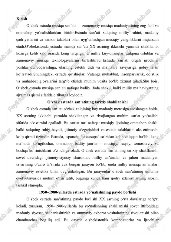 tsiyasida muhim oʻrin tutib, bugungi kunda ham ijodiy izlanishlarning asosini tashkil etmoqda. 1950–1980-yillarda estrada yoʻnalishining paydo boʻlishi oʻzbek estrada sanʼatining paydo boʻlishi xx asrning oʻrta davrlariga toʻgʻri keladi, xususan, 1950–1980-yillarda bu yoʻnalishning shakllanishi sovet ittifoqidagi madaniy siyosat, shaharlashtirish va ommaviy axborot vositalarining rivojlanishi bilan chambarchas bogʻliq edi. bu davrda oʻzbekistonlik kompozitorlar va ijrochilar anʼanaviy milliy musiqa janrlarini – maqom, katta va kichik anʼanaviy qoʻshiqlar – zamonaviy estrada shakllari bilan boyitishga kirishdilar. 1950-yillarning boshlarida, ikkinchi jahon urushidan keyingi tiklanish davrida, estrada sanʼati asosan filarmoniya va madaniyat uylarida oʻtkaziladigan kontsertlar orqali ommaga yetib bordi. bu vaqtda oʻzbek estrada musiqasi hali toʻliq shakllanmagan boʻlsa-da, u milliy xalq qoʻshiqlarining yangi interpretatsiyalari va yengil musiqiy janrlarning taʼsiri ostida rivojlana boshladi.1958-yilda oʻzbek davlat estrada orkestrining tashkil topishi estrada yoʻnalishining rasmiy boshlanishi sifatida qabul qilinadi. bu orkestrning birinchi badiiy rahbari sh. ramazonov, dirijyori esa a. dvoskin boʻlgan boʻlib, yakkaxon xonandalar orasida t. jalolov, m. burxonova kabi taniqli …