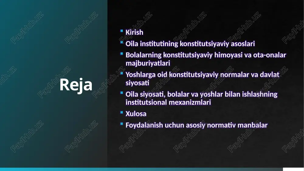 tining ustuvor yoʻnalishlaridan biri ekanligini anglatadi stranitsa 5 oila institutining konstitutsiyaviy asoslari oila jamiyatning asosiy bo’g’ini: davlat va jamiyat muhofazasi, nikohning prinsiplari (ixtiyoriylik, teng huquqlilik) oila jamiyatning asosiy bo’g’ini sifatida e’tirof etilishi, uning rivojlanishi va mustahkamlanishini ta’minlashda davlat va jamiyatning roli muhimdir. ushbu tamoyil o’zbekiston respublikasi konstitutsiyasining 76-moddasida o’z ifodasini topgan bo’lib, oila jamiyatning asosiy hujayrasi hisoblanib, jamiyat hamda davlat tomonidan muhofaza qilinishi belgilangan. bu modda orqali oila nafaqat ijtimoiy birlik sifatida qabul qilinadi, balki uning barqarorligi davlat siyosatining ustuvor yo’nalishi sifatida ta’kidlanadi. oila instituti jamiyatdagi ijtimoiy munosabatlarning asosi bo’lib, uning muhofazasi orqali jamiyatning umumiy rivojlanishi ta’minlanadi. . 6 nikohning prinsiplari, xususan ixtiyoriylik va teng huquqlilik, oila institutining konstitutsiyaviy asoslarining muhim qismi hisoblanadi. nikoh erkak va ayolning ixtiyoriy ittifoqi sifatida tuzilishi va erkak va ayolning teng huquqliligi asosida tashkil etilishi ko’rsatilgan. bu prinsip oila qurish jarayonida hech qanday majburlash yoki bosim bo’lmasligini ta’minlaydi. ixtiyoriylik tamoyili shaxsiy erkinlikni himoya qilishga xizmat …