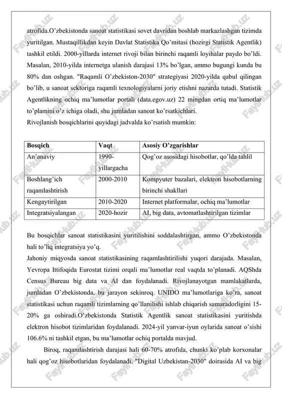 ratila boshlandi. jahoniy miqyosda bmt sanoat rivojlanishi tashkiloti (unido) sanoat statistikasini standartlashtirishda muhim rol o’ynadi. unido ma’lumotlariga ko’ra, rivojlangan mamlakatlarda raqamlashtirish darajasi 90% dan yuqori, ammo rivojlanayotgan mamlakatlarda bu ko’rsatkich 50-60% atrofida.o’zbekistonda sanoat statistikasi sovet davridan boshlab markazlashgan tizimda yuritilgan. mustaqillikdan keyin davlat statistika qo’mitasi (hozirgi statistik agentlik) tashkil etildi. 2000-yillarda internet rivoji bilan birinchi raqamli loyihalar paydo bo’ldi. masalan, 2010-yilda internetga ulanish darajasi 13% bo’lgan, ammo bugungi kunda bu 80% dan oshgan. "raqamli o’zbekiston-2030" strategiyasi 2020-yilda qabul qilingan bo’lib, u sanoat sektoriga raqamli texnologiyalarni joriy etishni nazarda tutadi. statistik agentlikning ochiq ma’lumotlar portali (data.egov.uz) 22 mingdan ortiq ma’lumotlar to’plamini o’z ichiga oladi, shu jumladan sanoat ko’rsatkichlari. rivojlanish bosqichlarini quyidagi jadvalda ko’rsatish mumkin: bosqich vaqt asosiy o’zgarishlar an’anaviy 1990-yillargacha qog’oz asosidagi hisobotlar, qo’lda tahlil boshlang’ich raqamlashtirish 2000-2010 kompyuter bazalari, elektron hisobotlarning birinchi shakllari kengaytirilgan 2010-2020 internet platformalar, ochiq ma’lumotlar integratsiyalangan 2020-hozir ai, big data, avtomatlashtirilgan tizimlar bu bosqichlar sanoat statistikasini …