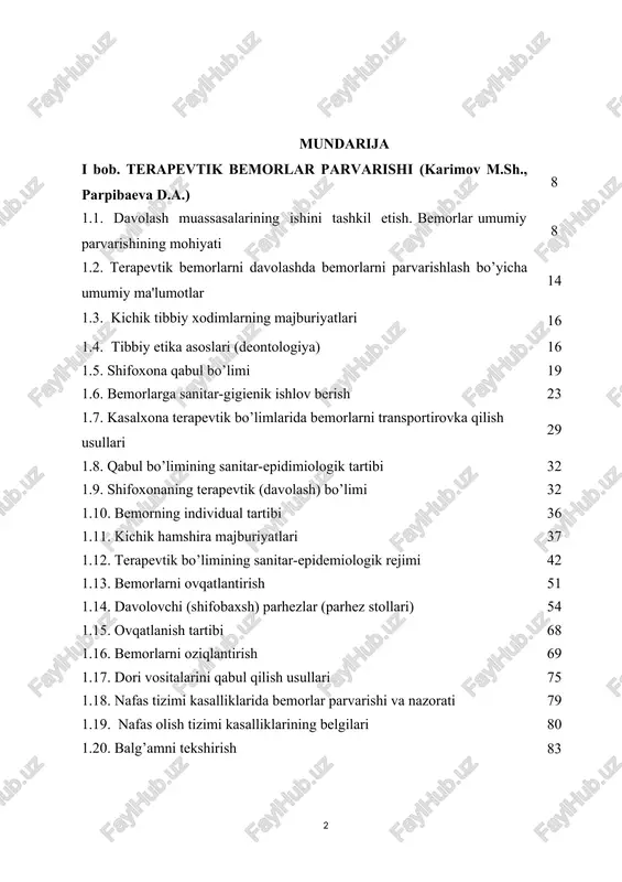 ologik tekshirish 109 1.24. endoskopik tekshirish usuli 111 1.25. qorin bo’shlig’i a’zolarini utt 112 1.26. siydik hosil qilish va ajratish tizimi kasalliklarida bemorlarni kuzatish va parvarish qilish 113 ii bob. bemor bolalarni parvarish qilish (xalmatova b.t., mirraximova m.x.) 120 1. 1. bolalarga va o’smirlarga davolash-profilaktik yordam ko’rsatishning zamonaviy tamoillari. 120 0. bolalar davolash-profilaktik muassasalari ishini tashkillashtirish. 121 1.2. bolalar kasalxonasining sanitar-epidemiologik rejimi 130 1.3. sog’lom va bemor bolalarni parvarish qilish xaqida tushuncha. 143 1.4. bolalarni parvarish qilish va tarbiyalashda kichik va o’rta tibbiy xodimning o’rni 148 1.5. bolalarni parvarish qilishda tibbiy xodimning etika va deontologiyasi 155 2. ko’krak yoshidagi bolalarni parvarish qilish 162 2.1. erta yoshdagi bolalarning kun va uxlash tartibi 162 2.2. bolalarni kiyintirish texnikasi 164 2.3. chiniqtirish xaqida tushuncha 165 2.4. bolaning tana vaznini va bo’y uzunligini o’lchash 166 2.5. erta yoshdagi bolalarni jismoniy va nerv-psixik tarbiyalash vositalari 171 2.6. bola rivojlanishi va o’zini tutishining nazorati 174 2.7. …