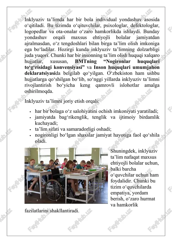 v ta’lim kursining predmeti — bu ta’lim jarayonida barcha bolalarning, jumladan, maxsus ehtiyojli bolalarning ham teng huquqli ishtirokini ta’minlashga qaratilgan pedagogik, psixologik va ijtimoiy asoslarni o‘rganishdir. mazkur kursning asosiy predmeti — o‘quvchilarni inklyuziv muhitda o‘qitish, ularga individual yondashuvni ta’minlash, o‘qituvchi va yordamchi mutaxassislarning kasbiy tayyorgarligini oshirish hamda ta’lim jarayonini har bir bola uchun qulay sharoitda tashkil etish masalalaridir. inklyuziv ta’lim kursi: · ta’lim jarayonida differensial va individual yondashuvni qo‘llash; · maxsus pedagogika va umumta’lim o‘rtasidagi o‘zaro bog‘liqlikni tushuntirish; · o‘qituvchilarda psixologik sezgirlik, bag‘rikenglik va empatiya kabi fazilatlarni shakllantirish; · har bir bola uchun moslashtirilgan o‘quv muhitini yaratish usullarini o‘rganish; · o‘quvchilarning ijtimoiy moslashuvini va shaxsiy rivojlanishini ta’minlashni o‘z ichiga oladi. inklyuziv ta’lim kursining predmeti shuningdek, ta’lim jarayonida turli imkoniyatlarga ega bo‘lgan bolalar bilan ishlash metodlari va strategiyalarini ishlab chiqishni ham o‘z ichiga oladi. bu orqali o‘qituvchilar o‘z faoliyatida har bir bolaning ehtiyojini aniqlash, unga mos ta’lim usullarini tanlash, hamkorlikni yo‘lga …