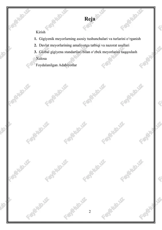 kabi davlatlarda, bu me’yorlar sog‘liqni saqlash vazirligi va sanitariya-epidemiologik xizmatlar tomonidan ishlab chiqiladi va nazorat qilinadi. xalqaro miqyosda ham gigiyenik me’yorlar va standartlarning ahamiyati ortib bormoqda, chunki ular inson va muhit muhofazasini ta’minlashda muhim nazorat mexanizmi hisoblanadi. yangi texnologiyalar va ishlab chiqarish usullari bilan bog‘liq xavf-xatarlarni aniqlash va boshqarish uchun yangi me’yorlar va normativ hujjatlar ishlab chiqilmoqda. kelajakda, texnologik rivojlanish va ekologik muhitni muhofaza qilish talablariga muvofiq, bu me’yorlarning yanada aniqlash, kengaytirish va samarali bo‘lishi uchun izlanishlar davom etmoqda. shu bilan birga, gigiyenik me’yorlarga rioya qilinishining nazorati va ularning amaliyotga joriy etilishi muhim muammolar hisoblanadi, buning uchun qonun va me’yorlar tizimini takomillashtirish dolzarb vazifa sifatida qolmoqda. boshqaruv mexanizmlarini takomillashtirish va texnologik innovatsiyalarni hisobga olish bilan, gigiyenik me’yorlarning axborot va nazorat tizimlari yanada rivojlanmoqda, bu esa inson va muhit muhofazasining yanada samarali bo‘lishiga imkon yaratadi . i. gigiyenik meyorlarning asosiy tushunchalari va turlarini o‘rganish 1.1 gigiyenik meyorlarning asosiy tushunchalari gigiyenik meyorlarning …