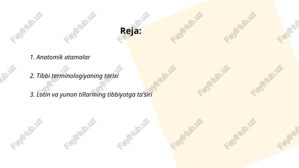 r va ma'nolar, masalan, "rx" (retsept) yoki "ad" (to'g'rida) muhim ahamiyatga ega. bu tillarning tibbiyot terminologiyasida 70-80% atamalarni tashkil etishini aytishadi, bu esa ilmiy an'analar va uzluksiz o'qishga ko'mak beradi. ... t.me/slaydai_bot 4. gippokratning roli gippokrat, miloddan avvalgi 460-370 yillarda yashagan yunon shifokori, tibbiyotning otasi sifatida tanilgan. unga tegishli bo‘lgan "gippokrat qasamyodi" bugungi kunda ham etik standart sifatida qo‘llaniladi. gippokrat kasalliklarni tabiiy sabablar bilan tushuntirgani va shu tariqa mistiklikdan uzoqlashgani bilan mashhur. uning asarlari "hippokrat to‘plami" (corpus hippocraticum) deb nomlanadi va u tibbiy kuzatish va diagnostikaga katta e'tibor qaratgan. gippokrat tibbiy amaliyotni faol kuzatishlar va tajribaga asoslash lozim deb hisoblar edi. uning ishi sog‘liqni saqlash sohasida ko‘plab keyingi rivojlanishlar uchun asos bo‘ldi. ... t.me/slaydai_bot asklepiy (asklépios) yunon mifologiyasida sog‘lomlashtirish va tabobat xudosi hisoblanadi. uning ramzi tibbiyotda keng qo‘llaniladigan ilon o‘ralgan tayoqdir. asklepiyning sog‘lomlashtirish ilmi yunon va rim davrida juda mashhur edi, asklepion deb ataluvchi sog‘lomlashtirish markazlari ko‘plab joylarda mavjud edi. …
