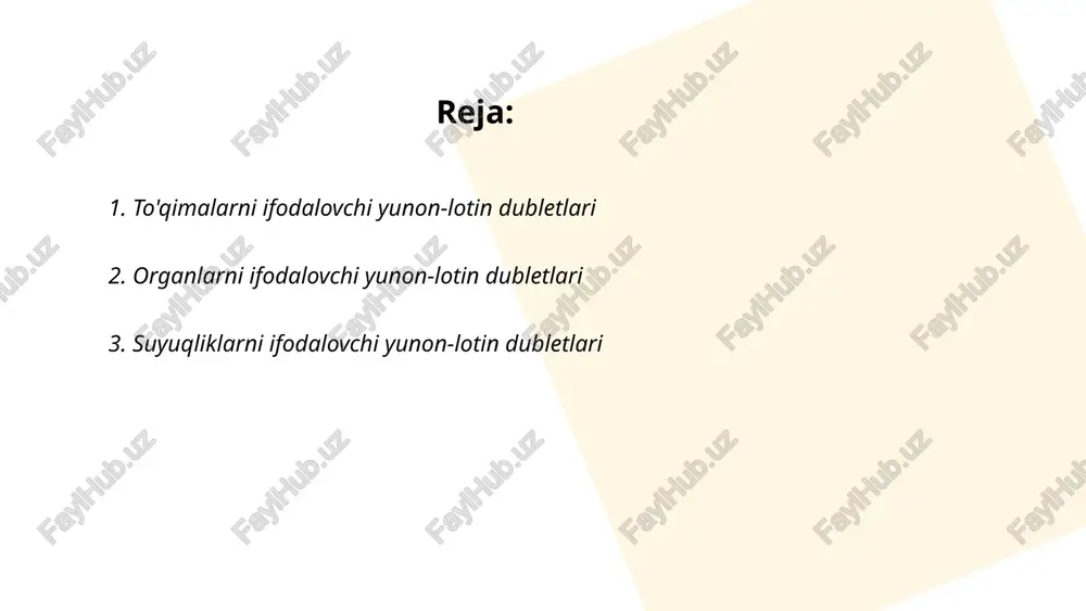 incha ekvivalenti esa "cor-" yoki "cordis". "gastro-" yunoncha so'z bo'lib, "oshqozon"ni anglatadi, lotincha muqobili "ventriculus". "neuro-" yunoncha asab tizimini ifodalasa, uning latinchasi "nervus". "hepato-" yunonchasidan "jigar" uchun foydalaniladi, lotinchada esa "hepar" so'zi mavjud. "pulmo-" yunoncha "o'pka"ni bildiradi, lotinchada "pulmones". bu dubletlar ko'pincha tibbiyot va biologiya fanlarida jarayonlarni, kasalliklarni yoki jarrohlik amaliyotlarini nomlashda qo'llaniladi. ... t.me/slaydai_bot 3. suyuqliklarni ifodalovchi yunon-lotin dubletlari mavzusi bo'yicha yunon va lotin tillarida bir qancha muhim atamalar mavjud. masalan, "hidro-" (ὕδωρ - yunoncha suv) va "aqua-" (lotincha suv) so'zlari bir xil ma'noni anglatadi. bu dubletlar tibbiyot va fan sohasida keng qo'llaniladi. "gidrostatika" yunoncha kelib chiqqan bo'lib, suvning muvozanatini o'rganadigan fan sohasi. lotincha "aquatik" esa suvli muhitni ifodalaydi. shuningdek, "limfa" (lotincha "lympha" - toza suv) ham tanadagi suyuqlikka ishora qiladi. bu dubletlar terminologiyada bir-birini to'ldiradi va bir qator fan yoki tibbiy sohalarda yaratilgan atamalarda uchraydi. ... t.me/slaydai_bot 4. sekretlarni ifodalovchi yunon-lotin dubletlari yunon-lotin dubletlari tibiyotda va ilmda keng …