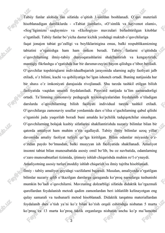 z navbatida, odamlarning o‘zaro munosabnatlari tizimida, ijtimoiy ishlab chiqarishda muhim ro‘l o‘ynaydi. amaliyotning asosiy turlari moddiy ishlab chiqarish va ilmiy tajriba hisoblanadi. ilmiy - tabiiy amaliyot quyidagi vazifalarni bajaradi. masalan, amaliyotda o’rgatilgan bilimlar nazariy qilib o’tkazilgan darslarga qaraganda ko’proq narsalarga tushunishi mumkin bo’ladi o’quvchilarni. mavzuning dolzarbligi sifatida didaktik ko’rgazmali qurollardan foydalanish metodi qadim zamonlardan beri ishlatilib kelinayotgan eng qulay samarali va tushunarli metod hisoblanadi. didaktik tarqatma materiallardan foydalanib dars o’tish ya’ni ko’z bilan ko’rish orqali eshitishga nisbatan 5 marta ko’proq va 13 marta ko’proq taktik organlarga nisbatan ancha ko’p ma’lumotni miyaga yetkazadi. shunday ekan oʻquvchilarga dars oʻtishni boshlangʻich sinflardan boshlab didaktik oʻyinlar va dasturlar orqali oʻtgan maqsadga muvofiq boʻladi. xorij tajribasiga yuzlanadigan boʻlsak xorijiy davlatlarda taʼlim berishning eng yangi usullaridan foydalanilmoqda. hattoki shunday maktablar borki ularda oʻquvchilar faqat amaliyotda koʻrib oʻrgabishadi. nazariy maʼlumotlar esa faqat oʻzlari mustaqil ravishda oʻrgabkshlari mumkin boʻladi. xulosa qilib aytganda tabiiy fanlarni o'qitishda didaktik ko'rgazmalardan foydalanish …