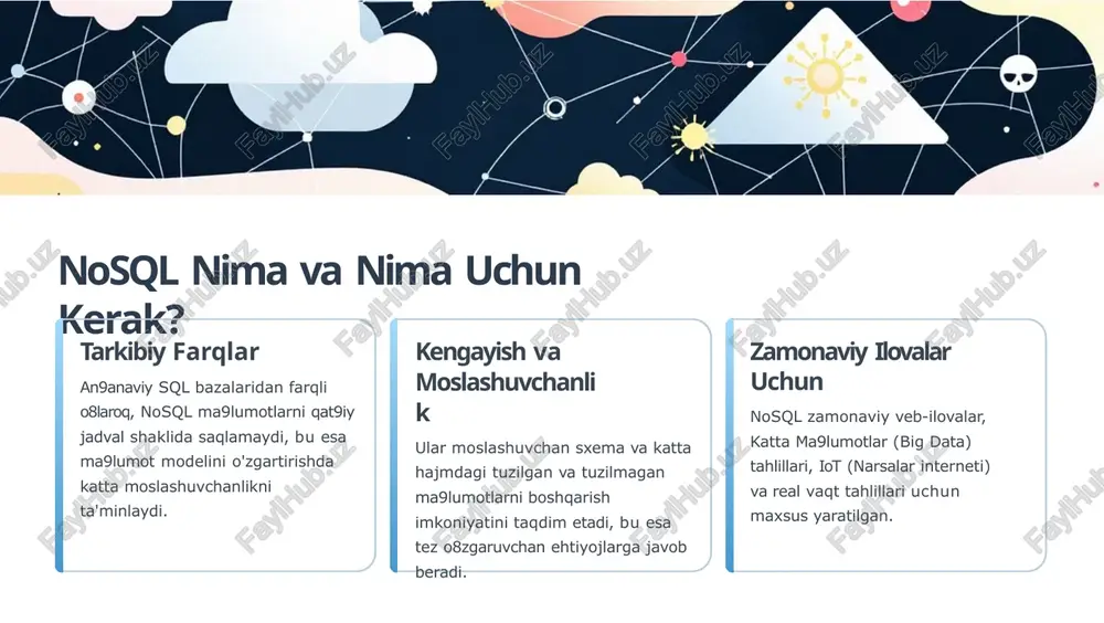 query language) standart sql ga o8xshashligi tufayli dasturchilar uchun o'rganish va ishlatish qulay. hbase: hadoop asosidagi kengaytiriladigan ma9lumotlar bazasi hadoop ekosistemasining ajralmas qismi katta hajmdagi ma9lumotlarga past kechikish bilan kirish uchun optimallashtirilgan, google bigtable konsepsiyasiga asoslangan. master-slave arxitekturasi tufayli ma'lumotlar yuklanishini nazorat qiladi, ammo ba9zan yagona nuqtada nosozlik xavfi (single point of failure) mavjud bo'lishi mumkin. hadoop va hdfs (hadoop distributed file system) bilan chuqur integratsiya qilingan bo8lib, katta ma9lumotlar tahlili va partiyaviy ishlov berish uchun mos keladi. o8ziga xos so8rov tili (java api) va murakkab o8rganish jarayoniga ega bo8lishi mumkin, ammo juda tez natija beradi. mongodb, cassandra va hbase taqqoslash: asosiy farqlar uchta baza ham nosql bo'lishiga qaramay, ularning dizayni va asosiy e'tibori turlicha. mongodb moslashuvchanlik, hujjatlar va dasturchilar uchun qulaylikka e'tibor qaratadi. cassandra yuqori yozuv tezligi, global miqyosda kengayish va doimiy mavjudlikni ta'minlaydi. hbase katta ma9lumotlar to8plamlarida past kechikishli tasodifiy o8qish/yozish operatsiyalari uchun optimallashtirilgan. nosql bazalarining afzalliklari va …