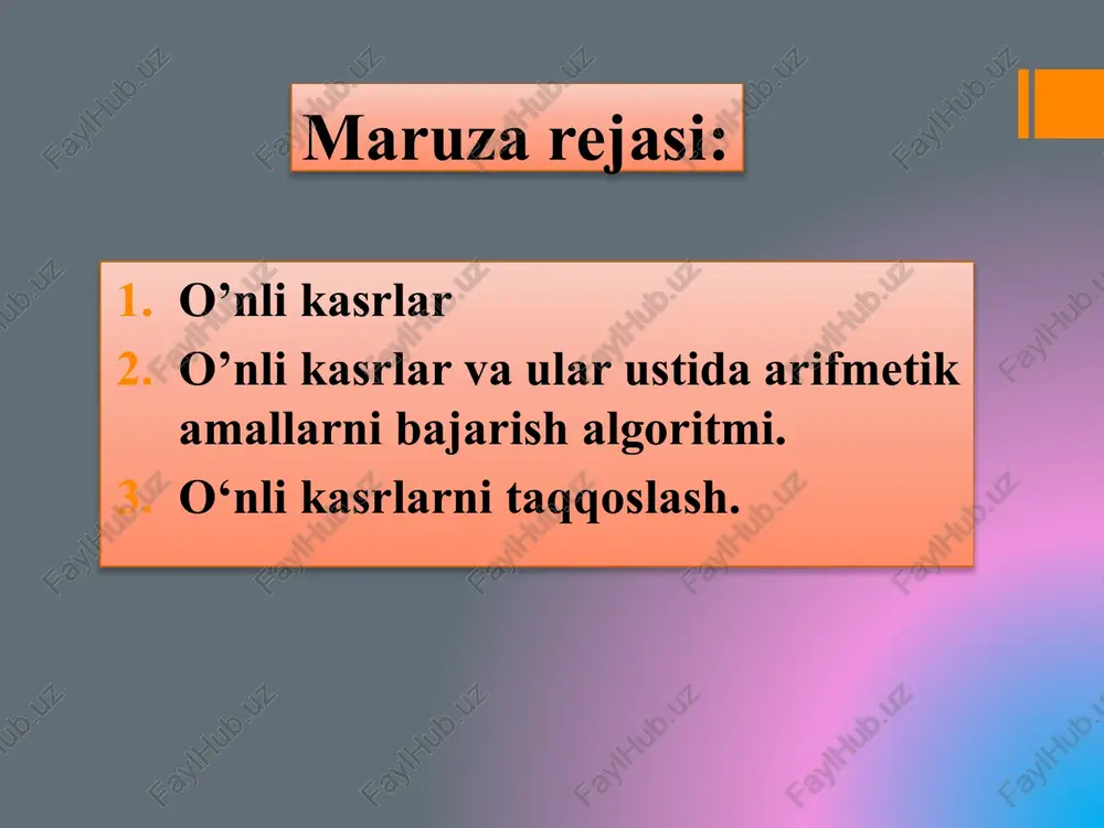 yiladi. o’nli kasrlar ustida arifmetik amallarni bajarish algoritmi o‘nli kasrni butun songa bo‘lish o‘nli kasrni butun songa bo‘lishda bo‘linuvchi bo‘luv-chidan kichik bo‘lsa, bo‘linmaga nol butun yozib uni vergul bilan ajratamiz, so‘ngra bo‘lish amalini butun sonlarni bo‘lishdagi kabi bajaramiz. o’nli kasrlar ustida arifmetik amallarni bajarish algoritmi o‘nli kasrni o’nli kasr songa bo‘lish o‘nli kasrni o‘nli kasrga bo‘lish uchun bo‘luvchidagi vergulni tashlab yubo-riladi va mos ravishda bo’linuvchida vergil o’ngga suriladi, so‘ngra bo‘lishni o‘nli kasrni butun songa bo‘lish qoidasiga asosan bajariladi. 2,232 ni 1,2 ga bo’lamiz: image2.png image3.png image4.png image5.png image6.png image7.png image8.png image9.png image10.png image11.png image12.png image13.png image14.png image15.png image16.png image17.png image18.png image19.png image20.png image21.png image22.png image23.png /docprops/thumbnail.jpeg