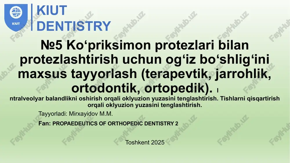 ikasi, og’iz bo’shlig’i dahlizini chuqurlashtirish, ildiz uchi rezeksiyasi, ko’p siljigan tishlarni olish, implantatsiya; ortopedik – okklyuzion yuza ikkilamchi deformatsiyalarni silliqlash yo’li bilan bartaraf qilish, miotatik refleksni qayta ishlash, miostatik refleksni qayta shakllantirish bilan; og’iz bo’shlig’ini ortodontik tayyorlash – ikkilamchi deformatsiyalarni maxsus uskunalar yordamida bartaraf qilish. kiut dentistry chaynash vaqtida yuz-jag’ tizimida yuzaga keluvchi reflekslar periodont-mushak – tabiiy tishlar yordamida chaynash vaqtida yuzaga keladi va chaynov mushaklarining qisqarish kuchi periodont retseprtorlari yordamida boshqariladi. milk-mushak – tishlar yo’qotilgandan so’ng paydo bo’ladi, bunda chaynov mushaklari qisqarish kuchi og’iz shilliq qavati retseptorlari yordamida boshqariladi miotatik – chaynov mushaklarining cho’zilishi bilan bog’liq holda funksional holatlarda aniqlanadi. miotatik refleksga chaynov mushaklari va paylarda joylashgan retseptorlar orqali impuls beriladi. o’zaro birlashtirilgan – byugel protezlardan foydalanganda kelib chiqadi. kiut dentistry og’iz bo’shlig’ini protezlashga terapevtik tayyorgarilik og’iz bo’shlig’i sanatsiyasi : avvalo tishlarni professional tozalash: tish qattik karashlarini ultratovush (skeler) yordamida, ba’zan – mexanik (ekskavator) usulda;yumshoq tish karashlarini air flow …
