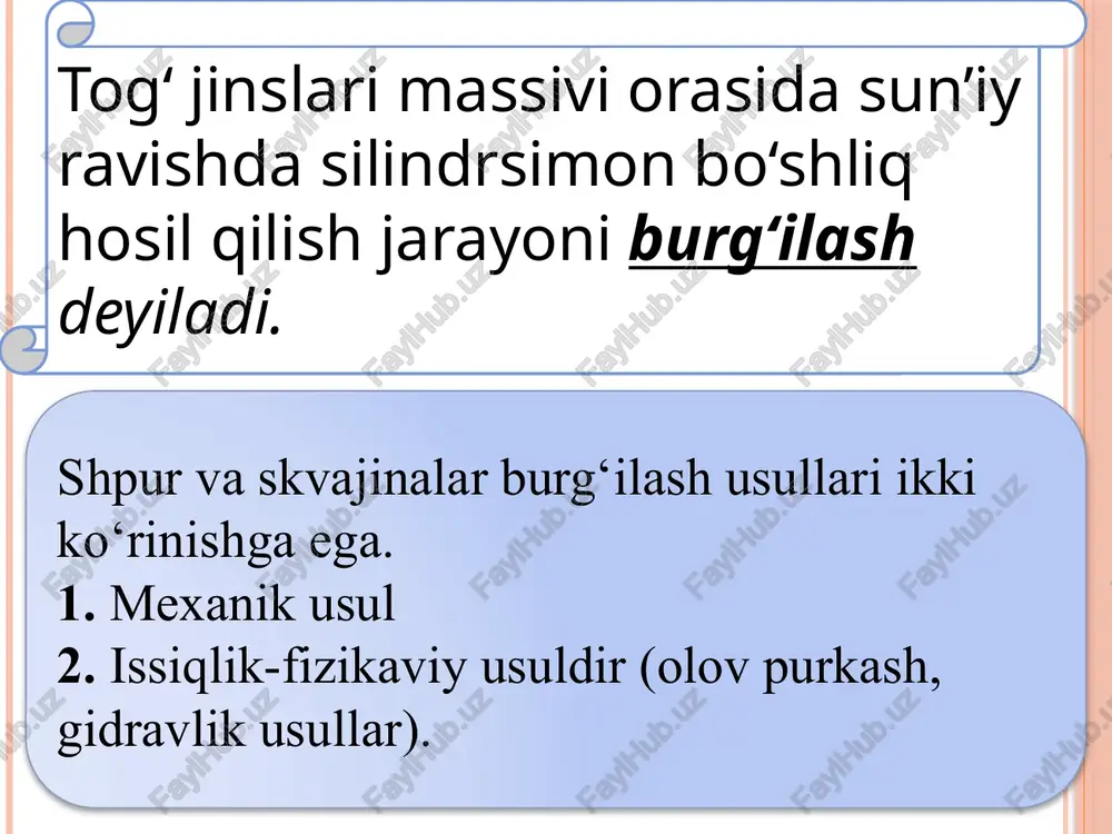 emas. burg‘ilash tezligi 0,2–1 m/min. olmos bilan burg‘ilash dastgohi, o‘zining ixchamligi bilan farq qilib, katta chastotada aylanadi. dvigatelining quvvati 2,5–12 kw. dastgoh og‘irligi 50–300 kg. bunday dastgoh bilan diametri 33–93 mm, chuqurligi 100 m gacha yetadigan skvajinalar burg‘ilanadi. ochiq tog‘-kon ishlarida aylanma kesuvchi burg‘idan foydalanilganda kesuvchi koronkali shnekli burg‘i asbobi ishlatiladi. skvajina diametri 115–160 mm. konchilik sanoatida burg‘ilash usullari-dan pitrali doloto o‘rnatilgan burg‘ilash dastgohi bo‘lib, skvajina tubi siqilgan havo bosimi ostida tozalanadi. ochiq usulda qazib olinadigan konlarda dastgoh diametri 160–320 mm, chuqurli-gi 40 m gacha bo‘lgan skvajinalarni burg‘ilashda qo‘llaniladi, dastgoh og‘irligi 20–130 t. bunday dastgoh mahkamlik koeffitsiyenti f = 6 – 18 bo‘lgan portlatiladigan skvajinalarni burg‘ilashda qo‘llaniladi. zarbalab burg‘ilash usuli rudali kon-larini qazib olishda keng tarqalgan bo‘lib, bunda pnevmo-ushlab turuvchi moslama bilan jihozlangan perforatorlar va teles-kopli perforatorlar qo‘llaniladi. qo‘l per-foratorlari bilan diametri 30–35 mm, chuqurligi 4 m gacha bo‘lgan shpurlar burg‘ilansa, teleskopli perforatorlarda diametri 40–85 mm, chuqurligi 25 m gacha …