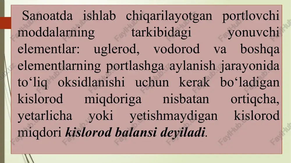 deb qabul qilingan; agar odatdagi tog‘ jinslarida portlatilsa va uglerod oksidini qayta hisoblasa 40 l/kg deb qabul qilinadi. shundan kelib chiqqan holda yer osti lahimlarini (kavjoyni) shamollatishning minimal vaqti portlatish ishlari tugaganidan keyin 30 minut deb qabul qilingan, shu vaqtdan avval portlatilgan joyga kirish taqiqlanadi. portlovchi moddalarning kislorod balansi va portlashdan hosil bo‘lgan zaharli gazlar yer osti ishlarida qo‘llanish uchun faqat kislorod balansi nolga yaqin (±3%) bo‘lgan portlovchi moddalar ishlatiladi. yer yuzasida portlatish ishlarida musbat va manfiy kislorod balansli portlovchi moddalar qo‘llanilishi mumkin. tarkibida kislorod yetarli bo‘lmagan portlovchi moddalar portlatilganida zaharli uglerod oksidi co hosil bo‘ladi. kislorod portlovchi modda tarkibida ortiq bo‘lsa, portlatishda kislorod azot bilan juda o‘tkir zaharli oksidlar no , no2 va n2o3 ni hosil qiladi. portlovchi moddalarning kislorod balansi quyidagi formula bilan hisoblanadi: bunda 16-kislorodning nisbiy atom massasi, mvv- portlovchi modda molekulyar massasi. a-uglerodlar soni, b-vodorodlar soni, s-azotlar soni d-kislorodlar soni bo’lsa kislorod muvozanati musbat; bo’lsa kislorod …