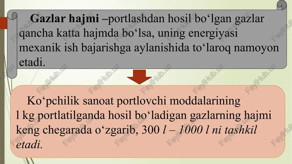 alaydi. portlovchi moddaning ishlash qobiliyatini baholovchi asosiy usul trausl usuli bo‘lib, bu usul ma’lum massa va o‘lchamdagi portlovchi modda zaryadi portlash mahsulotining qo‘rg‘oshin bombasidagi kanalni kengaytirishiga asoslangan. bu usul kukunsimon, donador, suyuq, yopishqoq-oquvchan va plastik portlovchi materiallarning detonatsiyalanish kritik diametri 20 mm dan katta bo‘lmaganda qo‘llaniladi. bomba silindr shaklidagi rafinatsiyalangan qo‘rg‘oshindan quyilgan metall g‘o‘la bo‘lib, uning o‘qidan maxsus kanal o‘tqaziladi tajriba o‘tkazishdan avval kanalning hajmi o‘lchanadi, so‘ngra uning tagiga sinov uchun olingan portlovchi modda joylashtiriladi. patronga avvaldan elektr detonator o‘rnatiladi. kanalning bo‘sh qismi quruq kvars qumi bilan to‘ldiriladi. zaryad portlatilgandan so‘ng bombadagi bo‘shliq tozalanadi va o‘lchami ma’lum silindrdan suv quyib hajmi aniqlanadi. trausl qo‘rg‘oshin bombasida portlovchi moddaning ish qobiliyatini sinash sxemasi: 1 – zaryad portlashidan hosil bo‘lgan bo‘shliq; 2 – qum; 3 – elektr detonator; 4 – portlovchi moddaning sinaladigan zaryadi, massasi 10 g; 5 – qo‘rg‘oshin bomba. sinash uchun massasi 10±0,01 g, zichligi 1 g/sm3 ga yaqin portlovchi modda …