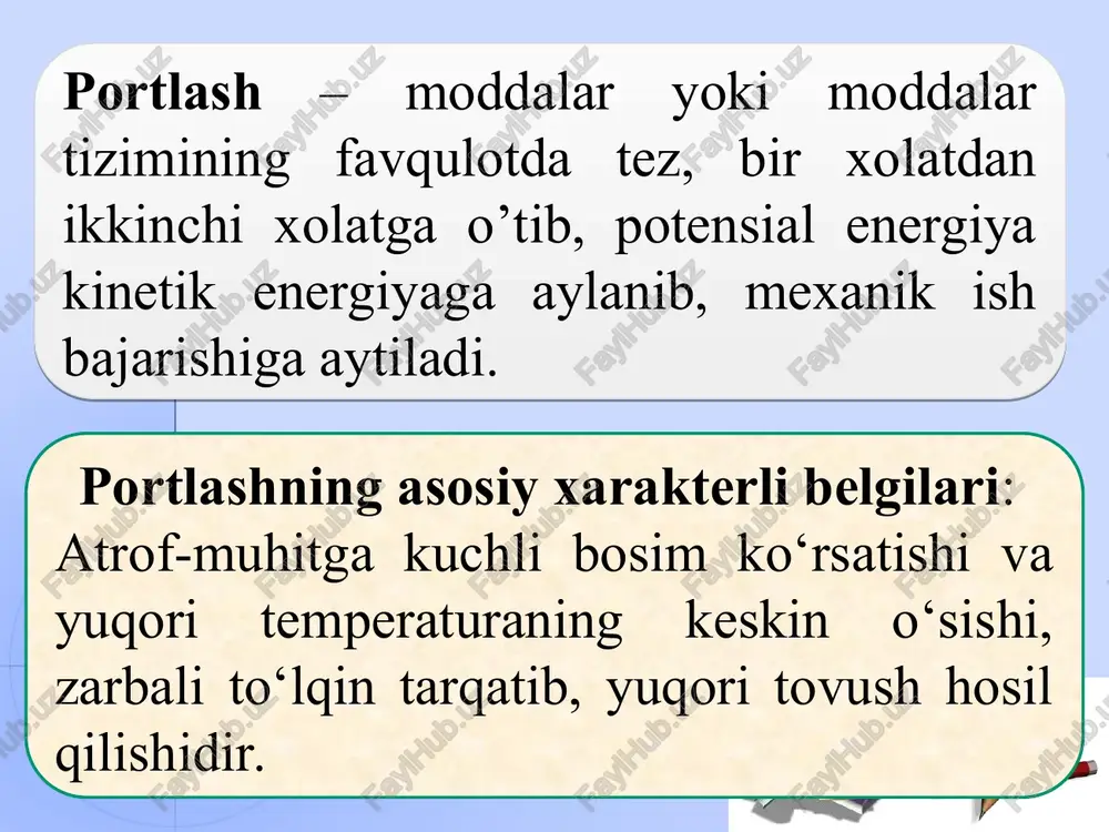 iyalanish 3. portlash yonish deb – alangasi yuqori temperaturada issiqlikni uzatishga asoslangan o’zgaruvchan tezlikda (bir necha sm/s dan bir necha m/s gacha) oksidlanish reaksiyasi detonatsiya deb – portlovchi modda massasida shu portlovchi modda uchun doimiy, tovush tezligidan tez portlashni tarqalishiga aytiladi. portlab yonish deb – yonish va detonatsiya oralig’idagi rejim. tovush tezligidan yuqori bo’lishidir. (bir necha 10 m/s dan bir necha 100m/s gacha). konchilikda asosan detonatsiya va ba’zan portlab yonishdan foydala-niladi. konchilikda individual bir komponentli kimyoviy birikmalar (geksagen, ten, tetril) mexanik aralashmadan iborat ikki yoki undan ko’p komponentli (ammonit, granit) portlovchi moddalardan foydalaniladi. geksogen kimyoviy birikmalar konchilikda individual bir komponentli geksagen – c3n3h6(no2)3 = c3h6o6n6 ten - c(ch2ono2)4 = c5h8o12n4 tetril-c6h2(no2)3nch3no2 =c7h5n5o8 mexanik aralashmadan iborat ikki yoki undan ko’p komponentli mexanik portlovchi aralashmaga yonuvchi va oksidlanuvchilar, ya’ni portlatish ishlarida qo‘llaniladigan barcha portlovchi moddalar kiradi. mexanik portlovchi aralashma o‘zining tarkibida ko‘pincha ortiqcha kislorod molekulasini, masalan, ammiak-selitra nh4no2; kaliy nitrati kno2, natriy …