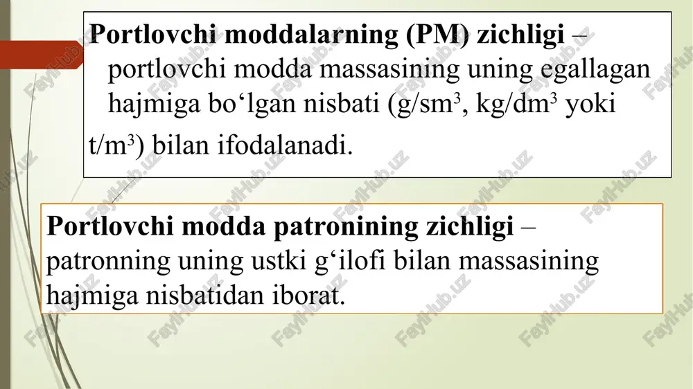 portlovchi moddalar bilan kontaktda bo‘lganida uning portlash xususiyatini flegmatik (susaytiruvchi) ta’sirida o‘zgartirishi yoki portlovchi modda tarkibidagi ayrim komponentlari suvda erishi (ammiak-selitra, xlorli kalsiy va boshqalar) mumkin. keyingi yillarda suv ta’siriga yetarlicha yuqori turg‘unlikka ega bo‘lgan portlovchi moddalar: ammonitlar, detonitlar, uglenitlar va boshqalar keng qo‘llanila boshladi. suv singdiradigan moddani gidrofil, suv singdirmaydiganini esa gidrofobli deyiladi. maydalab ezilgan gidrofob moddani portlovchi modda tarkibiga kiritilsa, masalan, sterat kalsiy, rux, asfaltit yoki ammiak-selitraga maxsus ishlov berib gidrofobizatsiya qilinsa, kukunsimon portlovchi modda ham suvda turg‘unlik holatiga o‘tadi. portlovchi moddalarni eksudatsiyalanishi (terlashi) – ba’zi bir portlovchi moddalarning uzoq saqlash davomida tarkibidagi suyuqlik yoki yengil yonuvchi birikmalarni ajratish xususiyati. bunday holat tarkibida nitroefirlar qo‘shilgan portlovchi moddalarda ko‘proq kuzatiladi, masalan, dinamitlarda va tarkibida suyuq neft mahsuloti aralashtirilgan donador portlovchi moddalar kiradi. portlovchi moddaga aylanishning asosiy shakli portlovchi moddaning kimyoviy bo‘linishi kuchli termik harorat ajratib, yonish yoki detonatsiyalanish shaklida kechadi. termik harorat ajratish – sekin kechadigan kimyoviy reaksiya bo‘lib, …