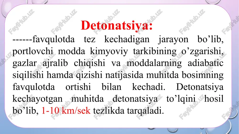 orod; simob bug’lari; is gazi (karbonat angidrid). uglerid oksidining atmosfera tarkibida ruxsat etilgan qiymati 0,0016% dan oshmasligi shart. havo tarkibida uning miqdori 0,017% ga yetganda zaharlanish belgilari kuzatiladi. 0,05% bo’lganda bir marta nafas olganda ham zaharlanish kuzatiladi. atmosfera tarkibida 0,13%ga yetganda xavfli zaharlanish kuzatiladi. 0,42% ga yetganda o’lim bilan tugaydi. uglerod oksidi (co) rangsiz, hidsiz gaz bo’lib, havoga nisbatan zichligi 𝜌 =0,967. +15oc haroratli suvda eriydi. uglerod oksidining havo bilan aralashmasi portlash xususiyatiga ega 12,5-74,2% bo’lsa portlaydi. havo tarkibidagi miqdori 0,03% bo’lganda inson hayoti uchun xavfli, ruxsat etilgan miqdori 0,0007%. havo tarkibida 0,02% bo’lganda qisqa muddatli nafas olishda ham o’lim bilan tugaydi. azot oksidining ruxsat etilgan miqdori 0,0001%. havo tarkibida 4,6% dan 46%gacha bo’lganda portlash xususiyatiga ega, 0,05% bo’lganda inson hayoti uchun xavfli, ruxsat etilgan miqdori 0,00066%. ruxsat etilgan miqdori 0,00001 mg/litr, yoki 0,0000008%ga teng. is gazi (so2) zaharli emas, lekin yer ostida ishlovchilar uchun xavfli. zaharlanish kuzatilmaydi. so2 ning …