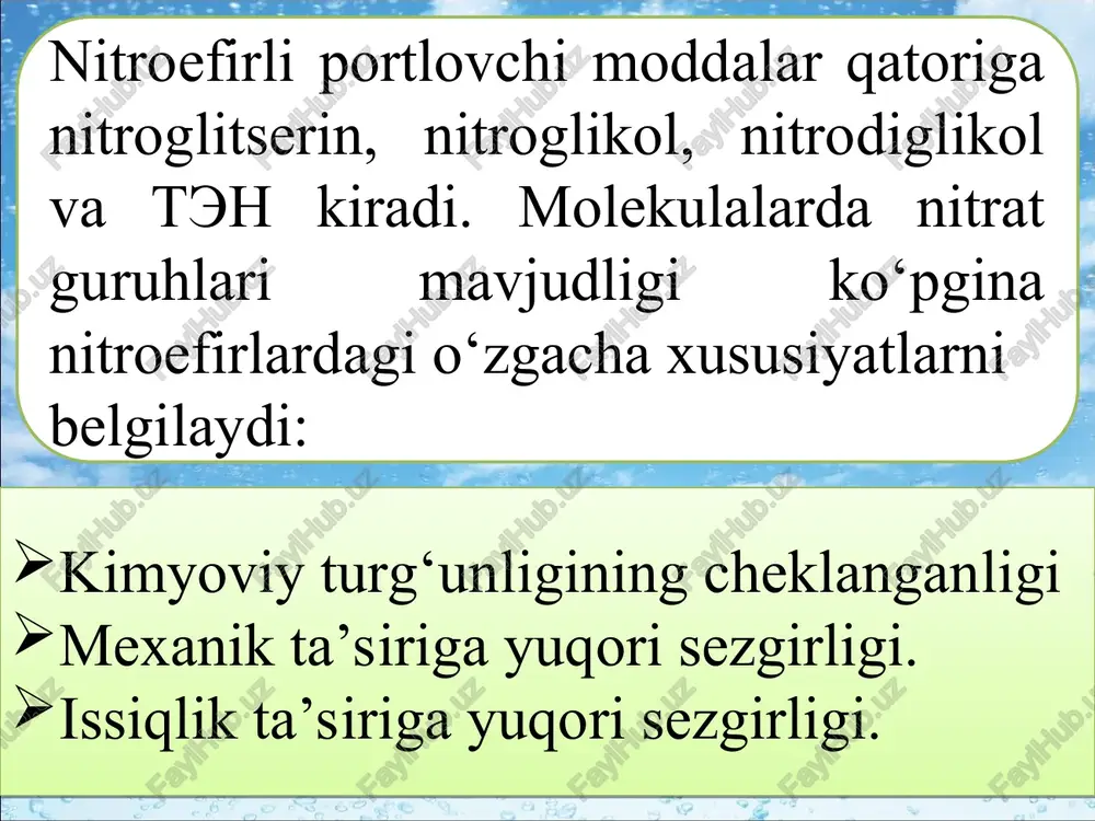 uqlik bo‘lib, zichligi 1,5 g/sm3. uni glikolni azot va sulfat kislotalari aralashmasi bilan nitritlash yo‘li bilan olinadi. nitroglikol juda ham uchuvchan, uning uchuvchanligi nitroglitserinning uchuvchanligidan uch barobar ortiq, u ham nitroglitserin kabi zaharlidir. nitroglikolning muzlash harorati –22,75°c. nitroglikol nitroglikol glikol nitroglikolning nitroglitseringa nisbatiga bog‘liq holda ularning aralashmasi quyidagi haroratlarda muzlaydi: rangsiz suyuqlik (ba’zan sarg‘ish rangda), hidsiz. uni glikolni azot va sulfat kislotalari aralashmasi bilan nitratlash yo‘li bilan olinadi. nitrodiglikol nitrodiglikolning zichligi 15°c haroratda 1,39 g/sm3 ga teng. mexanik ta’sirga sezgirligi ancha past, kimyoviy turg‘unligi va zaharliligi nitroglitseringa nisbatan anchagina kam. bunday aralashmadan qiyin muzlaydigan dinamitlar olishda qo‘shimcha komponent sifatida foydalaniladi. nitrodiglikolning nitroglitserin bilan 40 va 60% nisbatdagi aralashmasi –19°c haroratda muzlaydi. nitrodiglikolning quvvati nitroglitserin yoki nitroglikolga nisbatan biroz kamroq. ten oq rangdagi kristallashgan modda bo‘lib, zichligi 1,728 g/sm3 ga teng. ten – kimyoviy turg‘un modda, shuning uchun uni saqlash vaqtida turg‘unligini doimiy nazorat ostiga olish zarurati yo‘q. tehning mexanik ta’sirga …