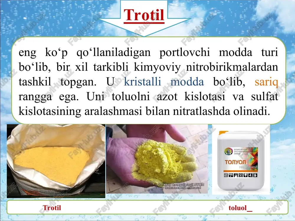 ,6–1,63 g/sm3 bo‘lgan turlari kapsul-detonatorlar tayyorlashda qo‘llaniladi. tetril amalda o‘ziga nam singdirmaydi, suvda erimaydi va nisbatan yuqori kimyoviy turg‘unlikka ega. ammo u ammiakli selitra bilan yetarlicha aktivlik bilan ta’sirlashishga qobiliyatli bo‘lib, issiqlik ajratib chiqaradi. tetril mexanik ta’sirga yuqori sezgirlikka ega. uni asosan kapsuldetonatorlar tayyorlashda va presslangan shashkalarda ishlatiladi. u detonatsiyaga kam sezgir bo‘lgan granulitlar va suv to‘ldirilgan portlovchi moddalarda oraliq detonator sifatida qo‘llaniladi. tetril yuqori quvvatli portlovchi moddalar qatoriga kiradi. urotropinni quvvatli azot kislotasi bilan nitratlash orqali olinadi. texnikaviy geksogen mayda kristallangan oq kukunsimon ko‘rinishga ega. u qiyin presslanadi, shuning uchun ko‘p hollarda ozgina flegmatizatorlar – parafin, serezin va boshqalarni qo‘shib, uning mexanik ta’sirga sezgirligi kamaytiriladi va presslanish imkoni yaxshilanadi. geksogen urotropin geksogen geksogenning detonatsiyaga sezgirligi yuqori, uni portlatishga 0,17 g presslangan simob qaldirog‘i yetarli. tashqi ta’sirga sezgirligi tetrilga nisbatan ancha yuqori. ozgina miqdordagi geksogen yondirilganida vishillagan ovoz bilan alangalanib, portlamasdan yonadi. geksogen nam tortmaydi, amalda suvda erimaydi va kimyoviy …